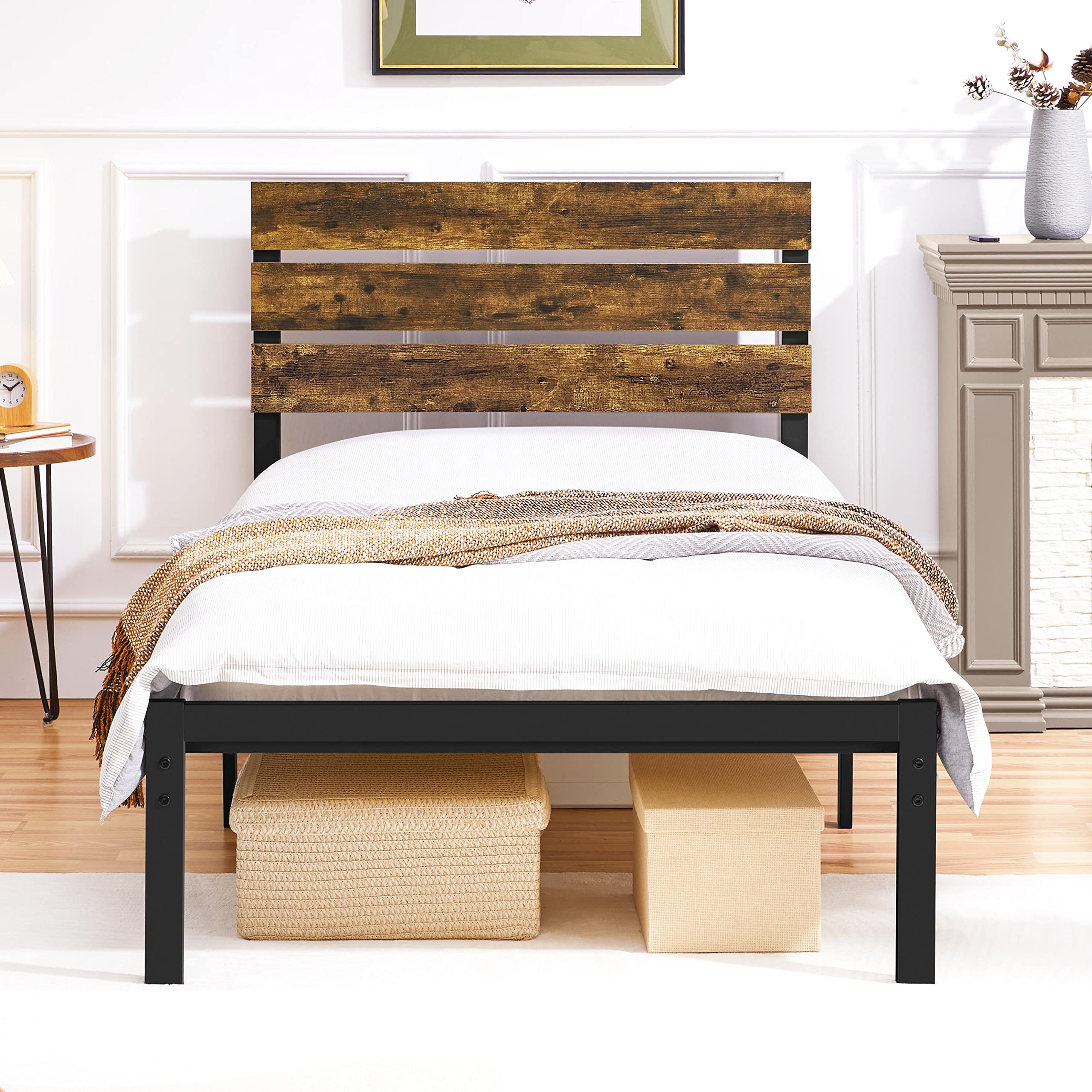 Yaheetech Twin Size Metal Platform Bed Frame with Wooden Headboard - Under Bed Storage Space, No Box Spring Needed - Sturdy Mattress Foundation for Small Bedroom, Guest Room or Dormitory