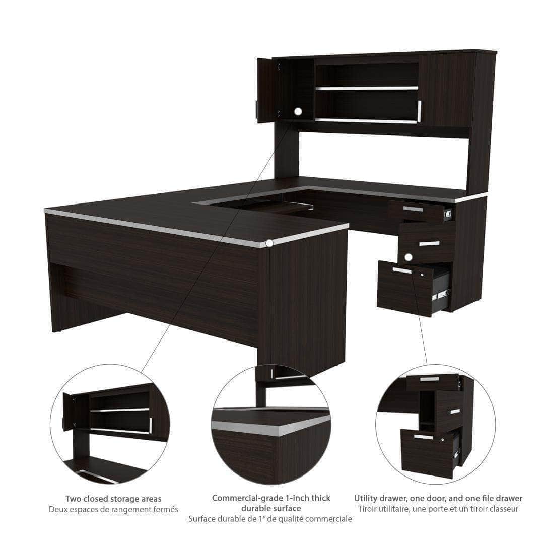 Ridgeley U-Shaped Office Desk with Pedestal & Hutch - Spacious Workstation for Home Office, Gaming, and Study