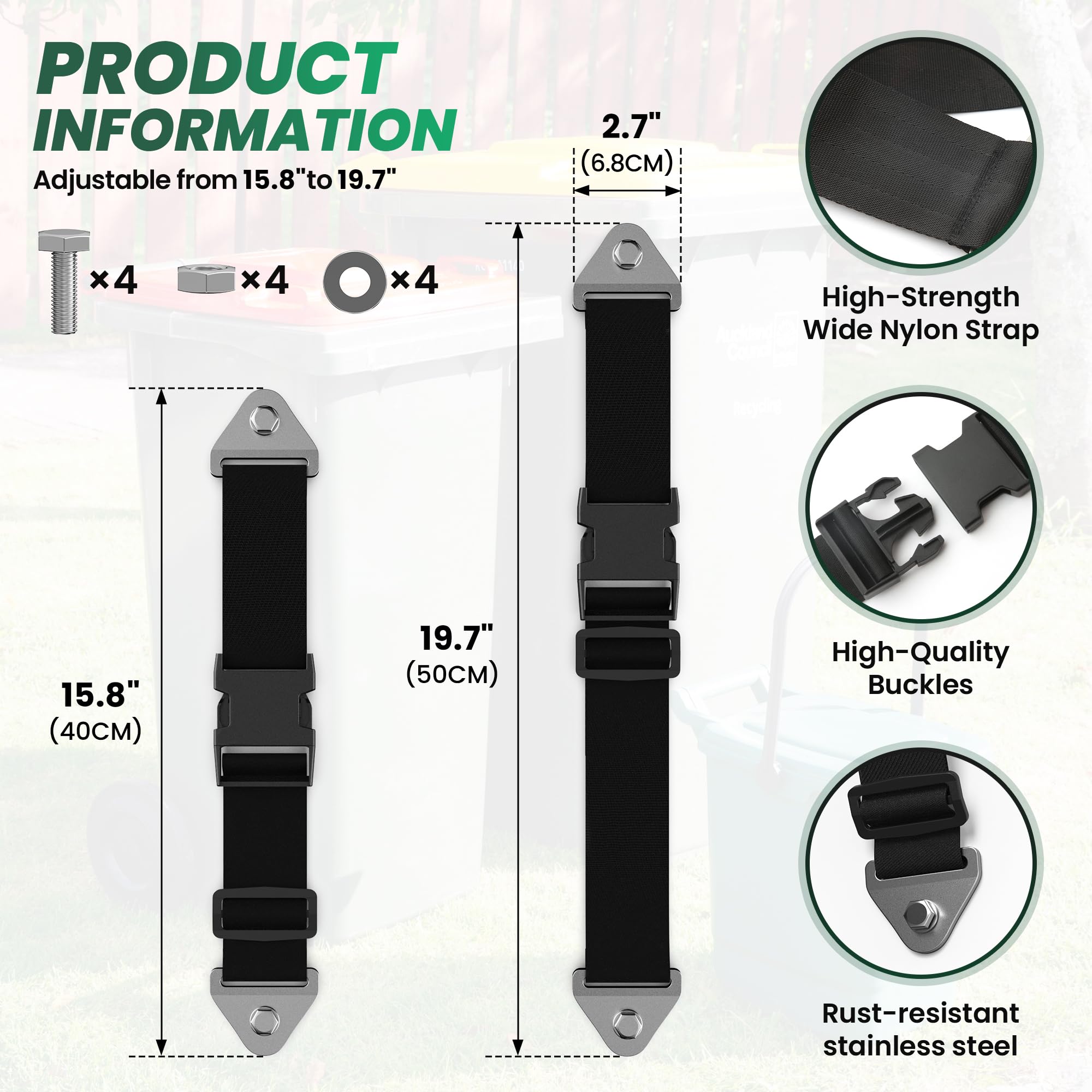 2PCS Adjustable Bear Proof Trash Can Locks - Heavy Duty Outdoor Garbage Bin Straps to Keep Out Raccoons & Animals, Universal Fit for Multiple Can Sizes, Odor Control Solution - Perfect for Camping, Backyard & Wildlife Areas