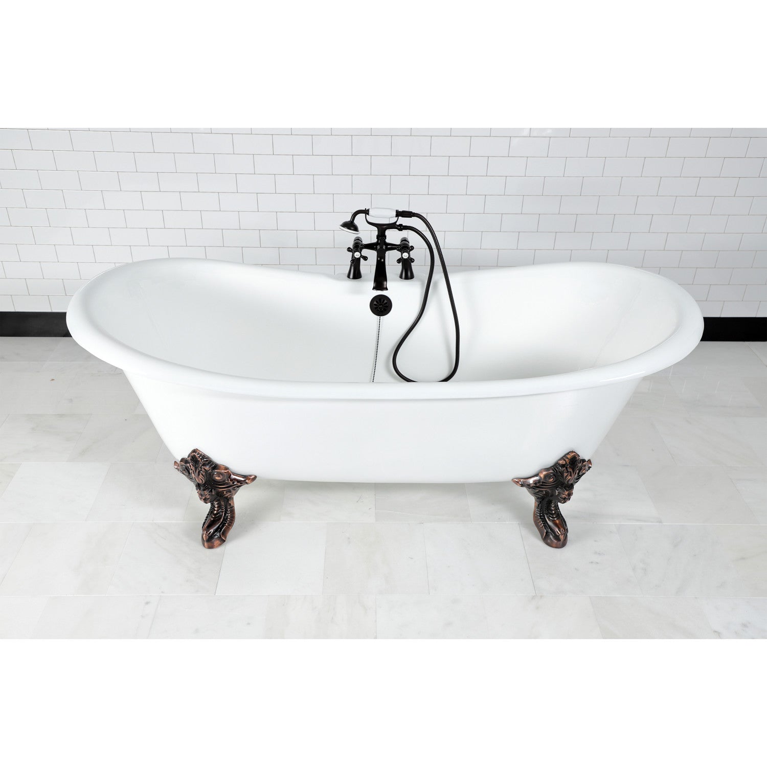 72 Inch White Cast Iron Clawfoot Bathtub - Oval Double Slipper Design with Oil Rubbed Bronze Faucet (7 Inch Drillings) | Vintage Bathroom Centerpiece for Luxury Spa Experience