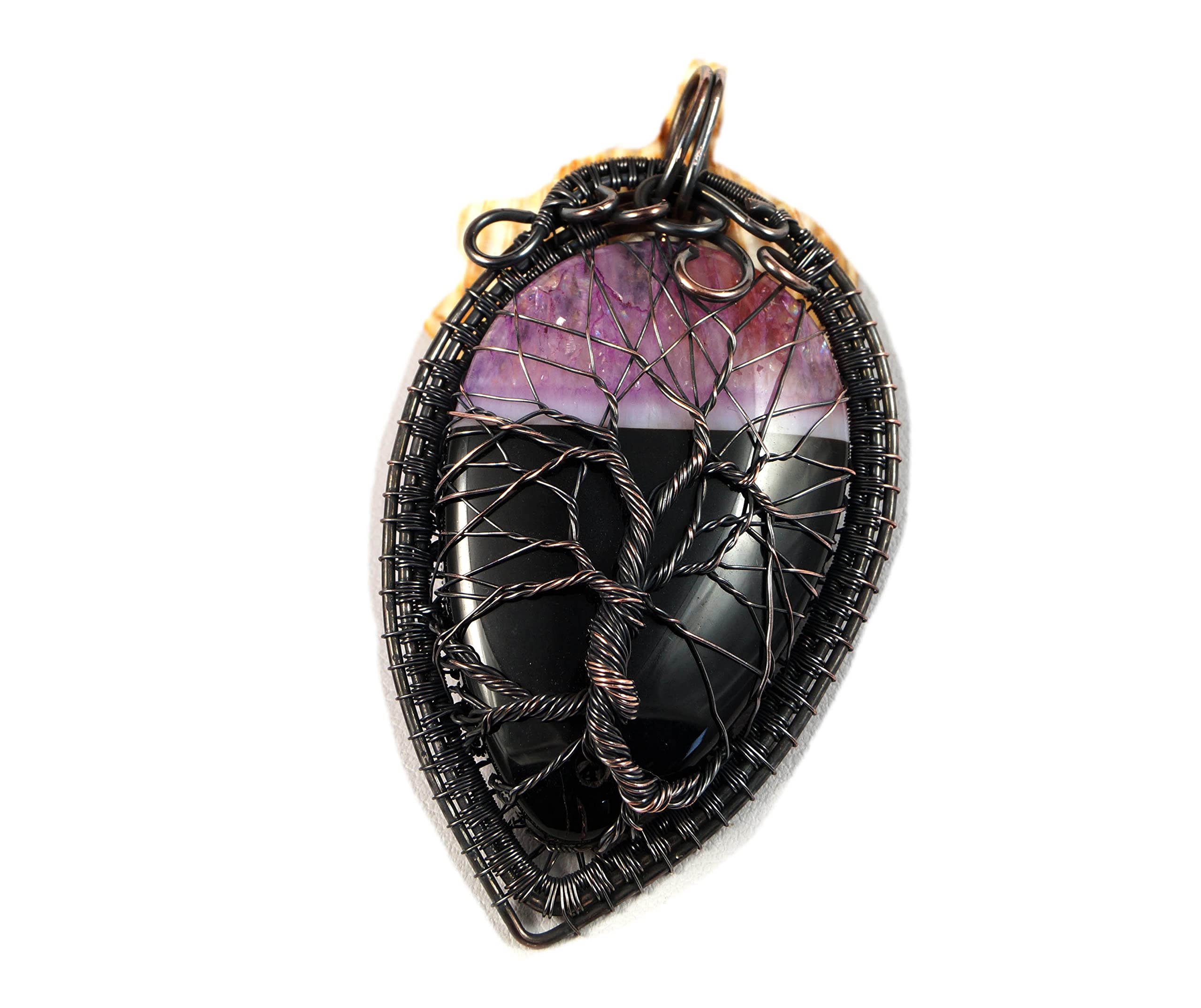 Tree of Life Necklace with Druzy Black Pink Agate Pendant - Copper Wire Wrapped Healing Crystal Jewelry (55cm Leather Strap) - Spiritual Gift for Mom, Women & Men - Perfect for Meditation, Yoga & Energy Healing