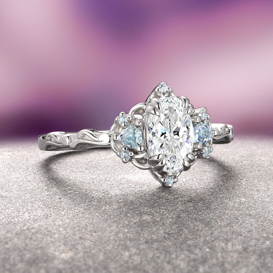 IGI Certified 14K White Gold Lab Grown Diamond & Aquamarine Ring for Women - Elegant Engagement, Wedding, Anniversary Gift Jewelry