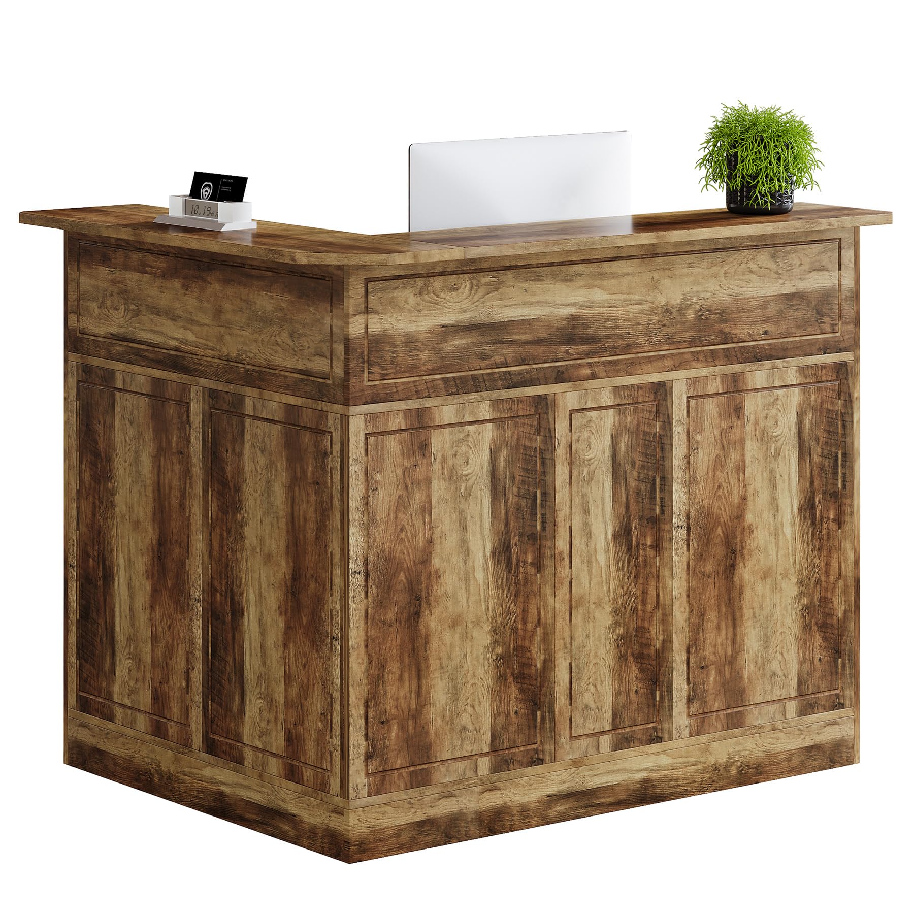 Tribesigns L-Shaped Reception Desk with Storage Shelves - Modern Office Front Counter for Small Business, Salon, Hotel & Retail Checkout (Brown) - Perfect for Space-Saving Workstations & Professional Client Greetings