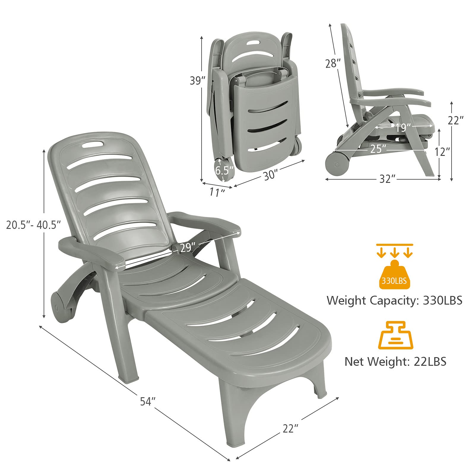Giantex Folding Patio Chaise Lounge Recliner with Wheels & Armrests - 5-Position Adjustable Outdoor Sun Lounger for Poolside, Beach, Garden, Yard & Deck - Gray Rolling Sunbathing Chair for Relaxation & Tanning