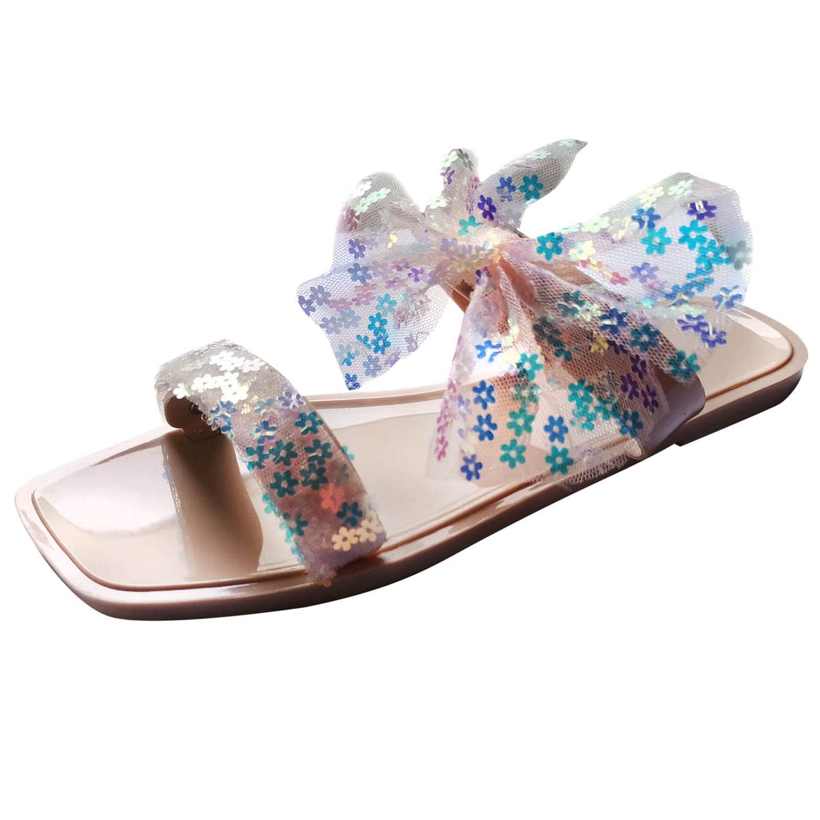 Ankarnis Women's Fluffy Slippers - Square Toe Summer Sandals with Lace Bow, Flower & Glitter Sequins | Comfortable House Shoes for Indoor/Outdoor Wear, Perfect for Lounging, Beach & Vacation