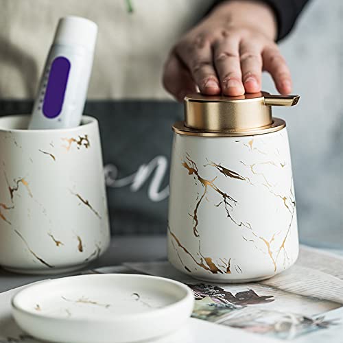 Luxury Marble Pattern 4-Piece Ceramic Bathroom Accessories Set with Soap Dispenser - Matte White Bath Decor for Modern Home & Spa Experience