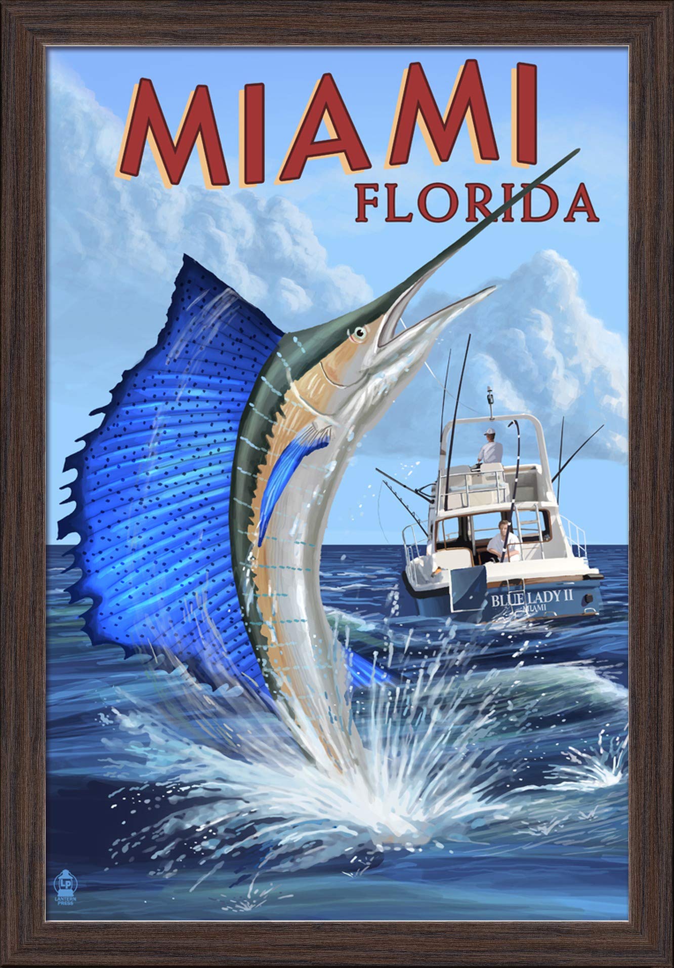 Florida Deep Sea Fishing Art Print - 16x24 Giclee Fine Art on Recycled Wood Frame in Espresso Brown - Perfect for Beach House Decor & Nautical Theme Rooms