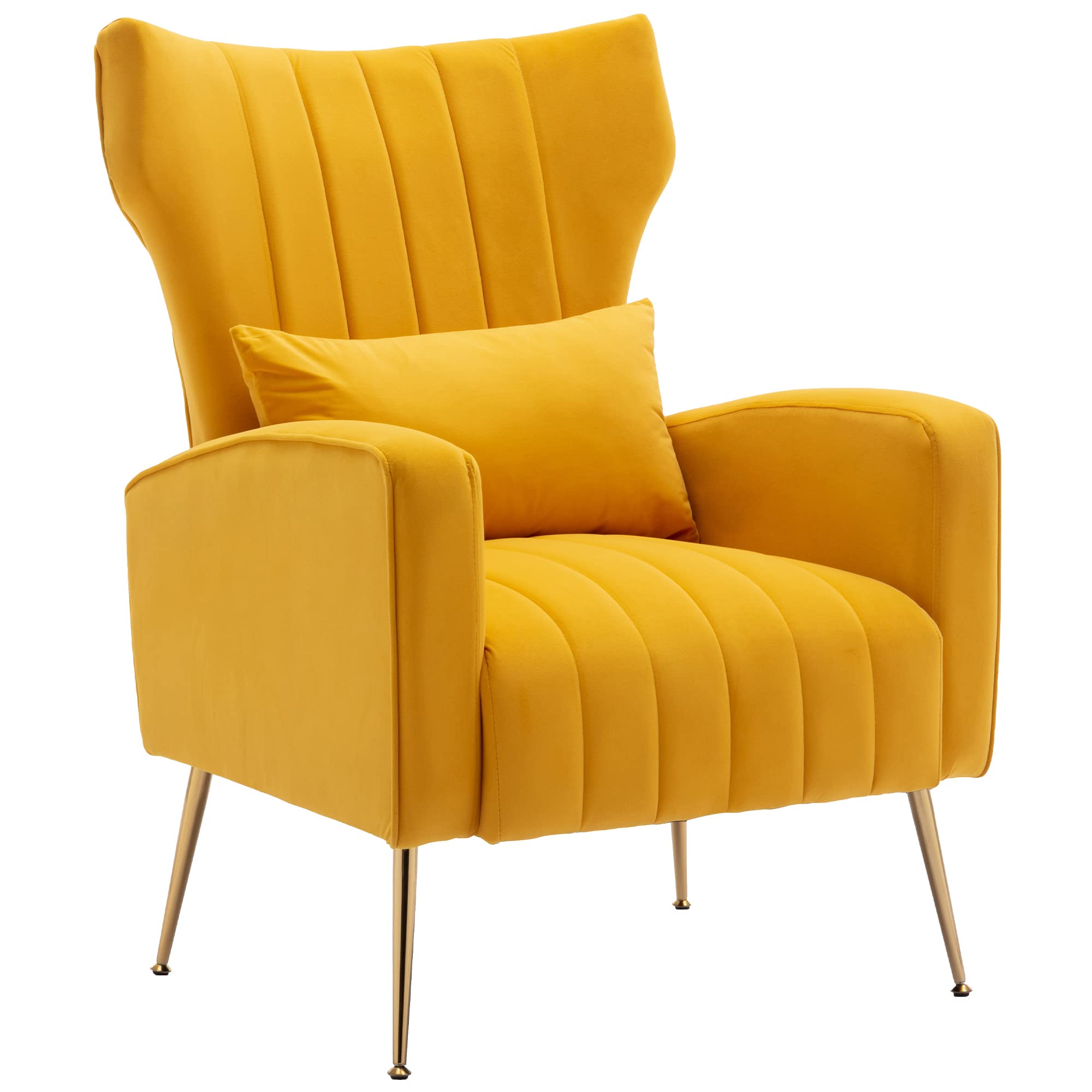 Mid Century Modern Velvet Accent Chair with Gold Legs - Wingback Armchair for Living Room, Bedroom & Foyer - Stylish Lounge & Side Chair in Yellow | Perfect for Reading Nooks, Home Offices & Cozy Corners