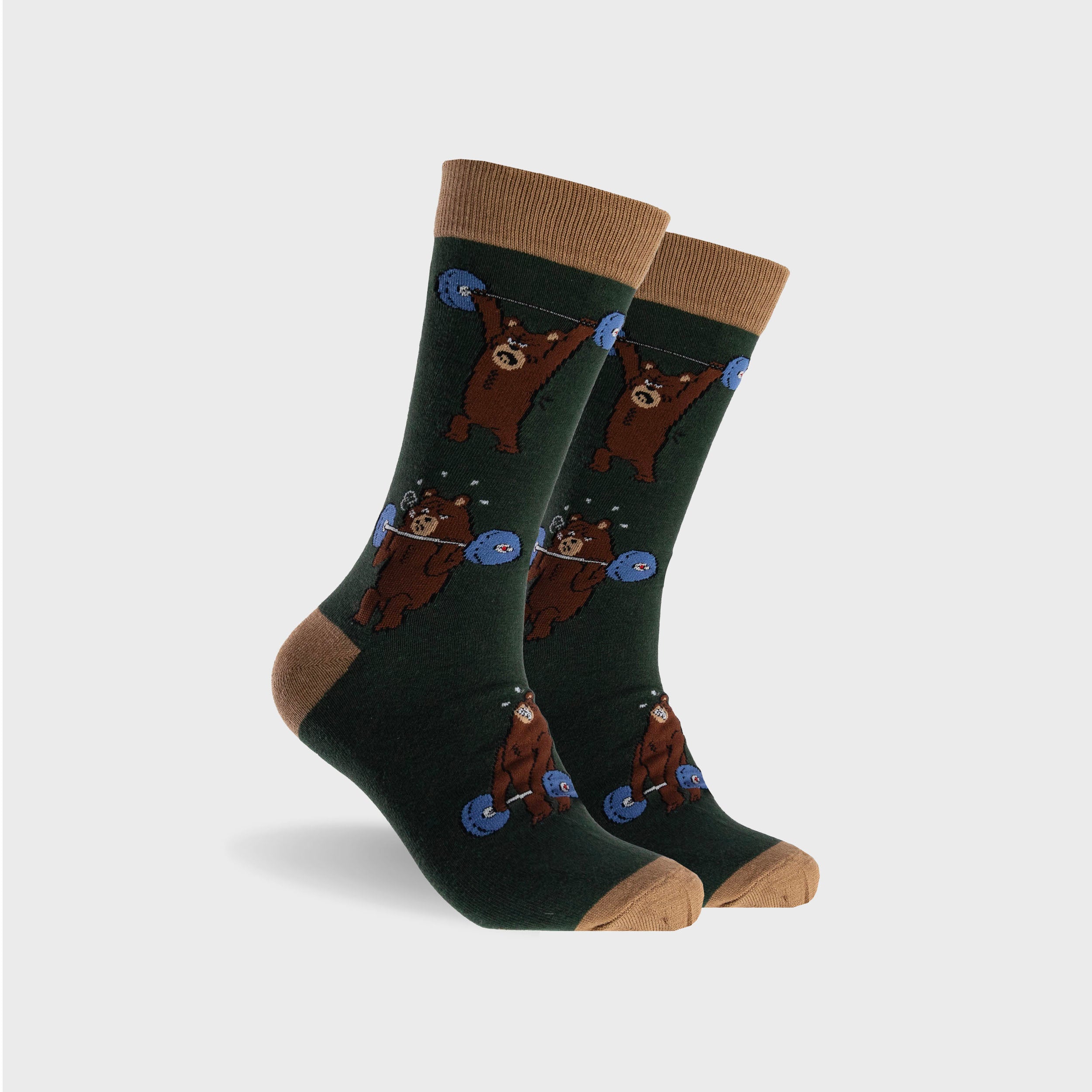 Men's Bear Pump Cotton Crew Socks - Comfortable Green Casual Socks for Everyday Wear, Hiking & Outdoor Activities