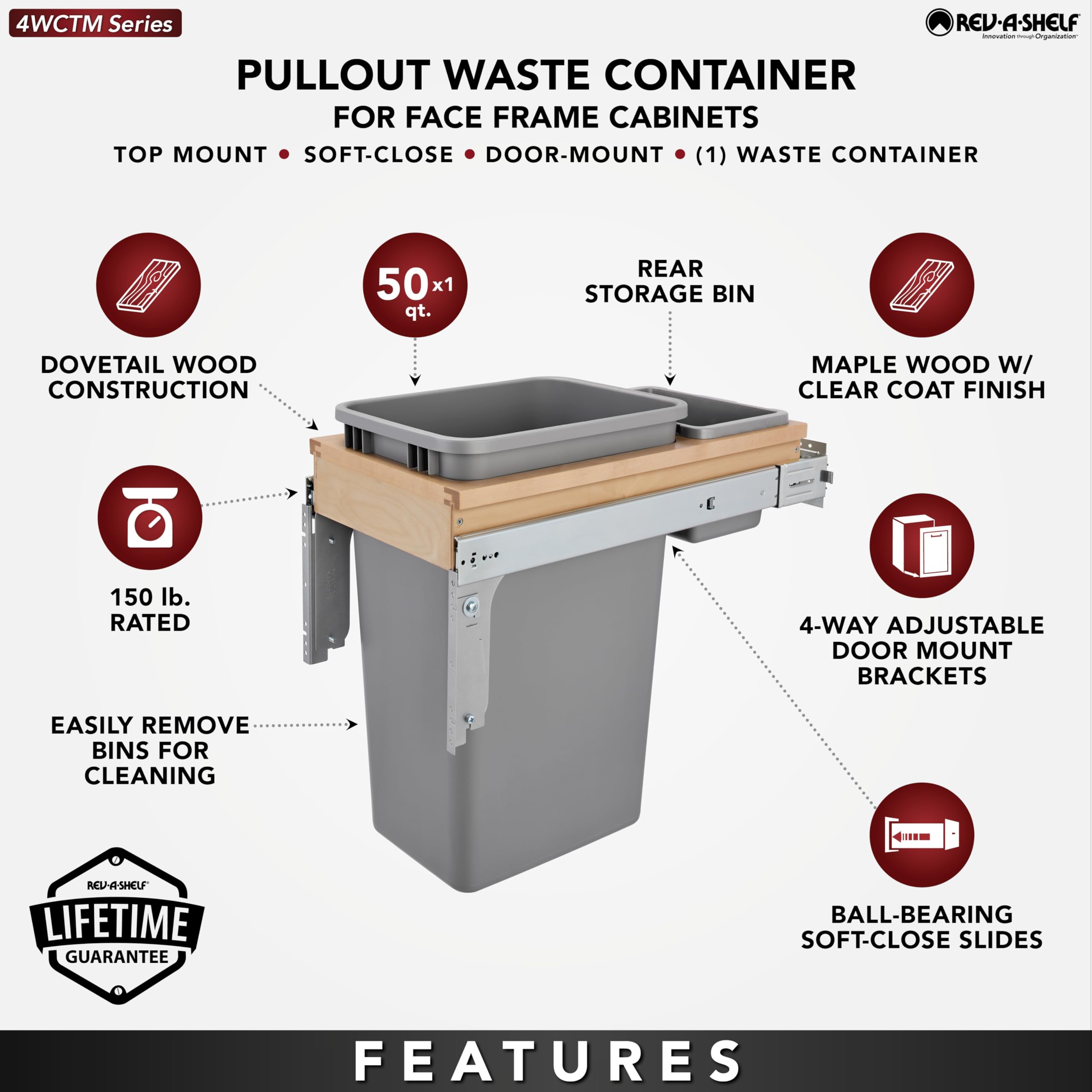 Rev-A-Shelf 50 Quart Top Mount Pull Out Trash Can with Soft-Close & Rear Bin - 12.5 Gallon Garbage Bin for 11.75