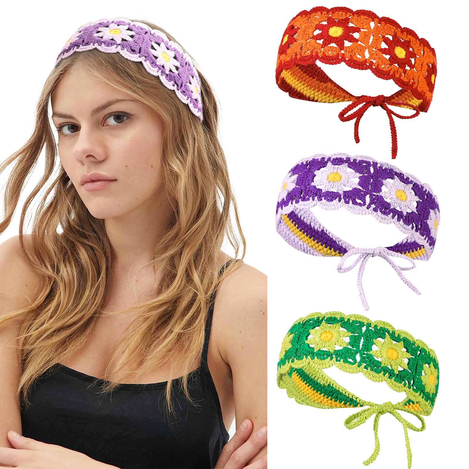 CHLINS Daisy Floral Elastic Handmade Crochet Headbands for Women & Girls - 3PCS Bohemian Knit Hair Accessories (Purple, Green, Orange) | Perfect for Summer, Beach, Music Festivals & Boho Fashion