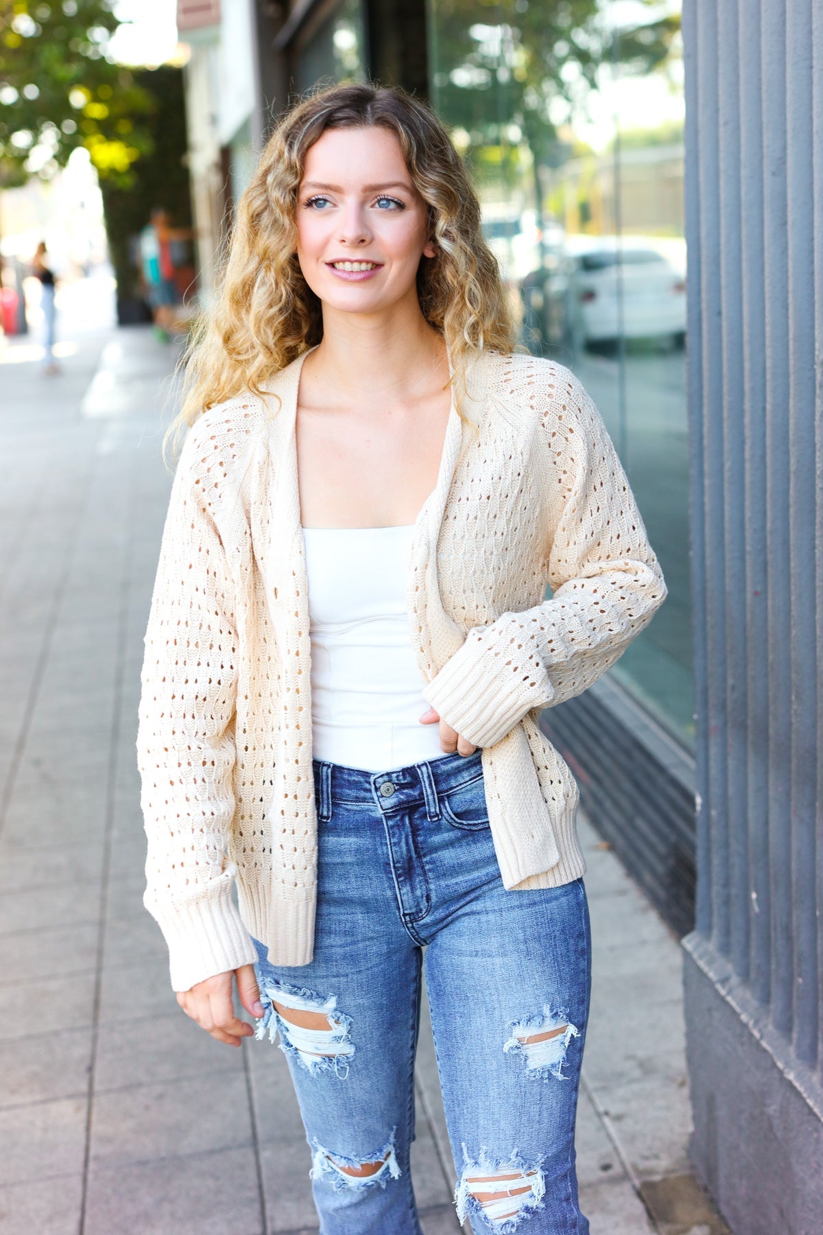 Follow Me Oatmeal Pointelle Knit Button Down Cardigan - Cozy Women's Sweater for Fall & Winter | Perfect for Office, Date Night & Casual Outfits