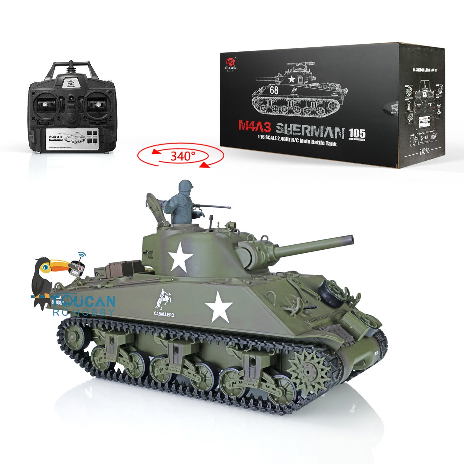 2.4GHz Henglong 1/16 Scale M4A3 Sherman RTR RC Tank Model - US Stock Plastic Version with 340° Rotating Turret (Model 3898) - Perfect for Military Enthusiasts & RC Hobbyists Battle Simulation