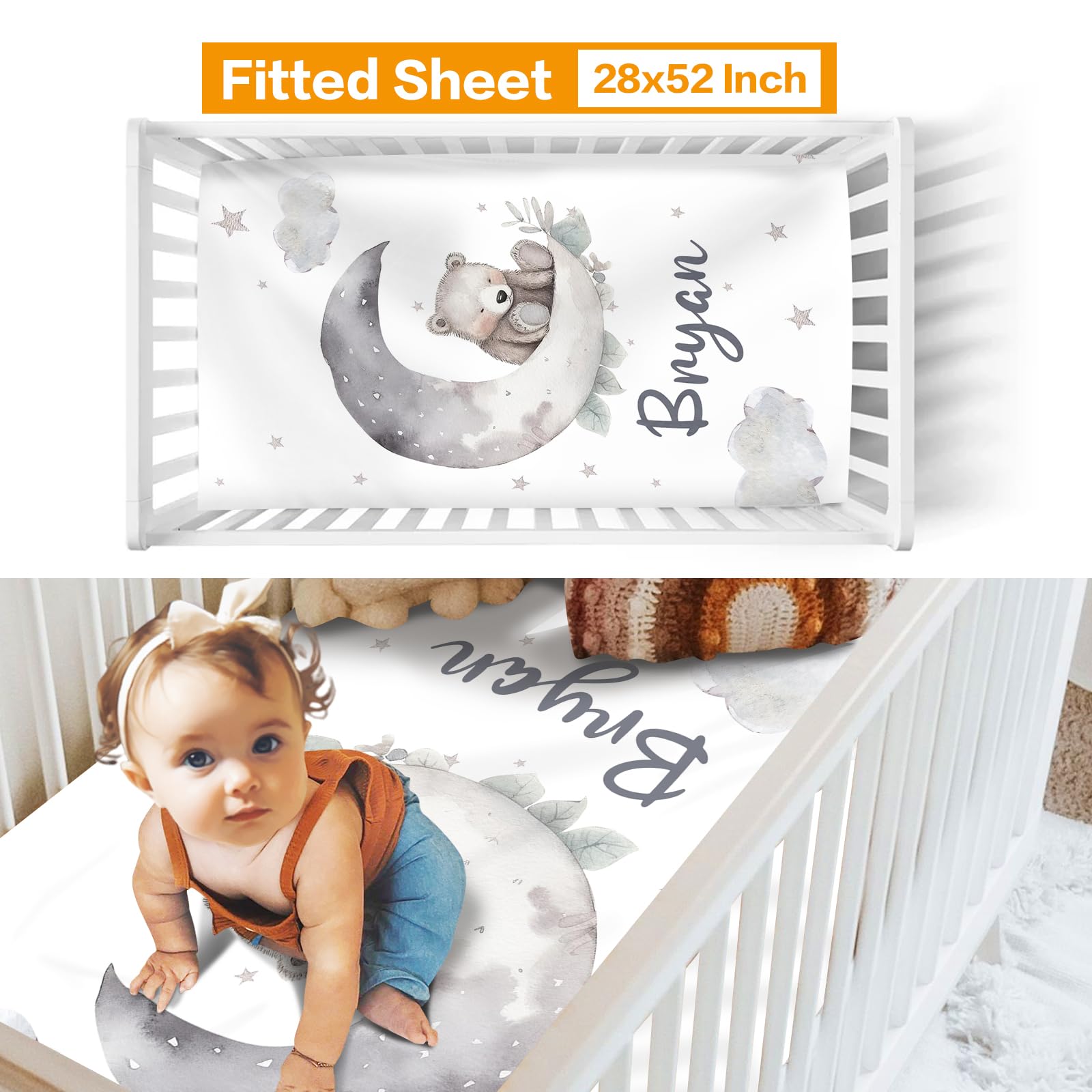 **Duckbe Custom Baby Crib Bedding Set - Moon Animal Personalized Name Nursery 3-Piece Set - Soft Blanket, Fitted Sheet, Play Mat for Newborns Boys & Girls - Perfect Baby Shower Gift (Color: Bear) - Ideal for Nurseries, Daycare & Playtime**