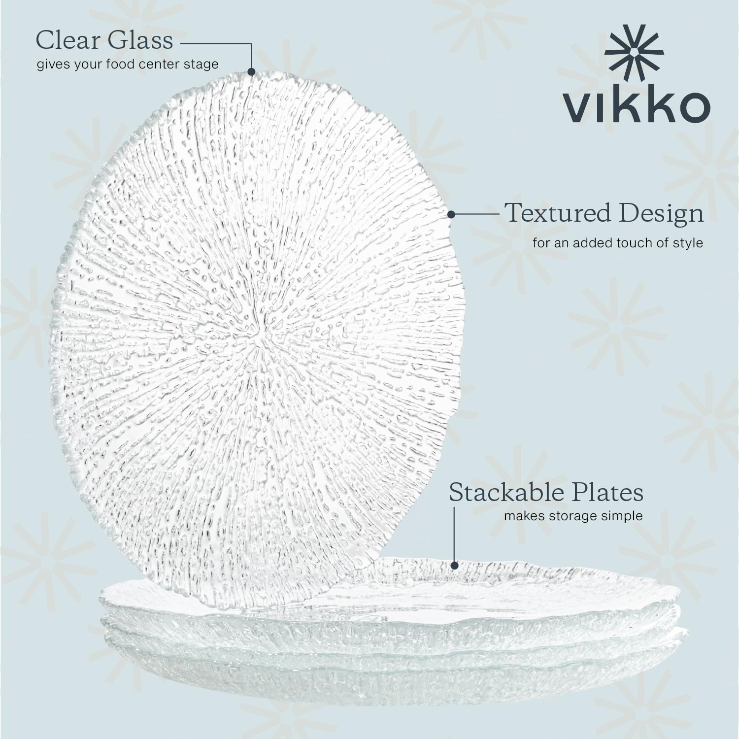 Vikko 8.5 Inch Glass Salad Plates Set of 6 - Elegant Textured Dessert & Appetizer Plates, Stackable Dishwasher Safe Dinnerware - Perfect for Parties, Weddings, and Everyday Dining