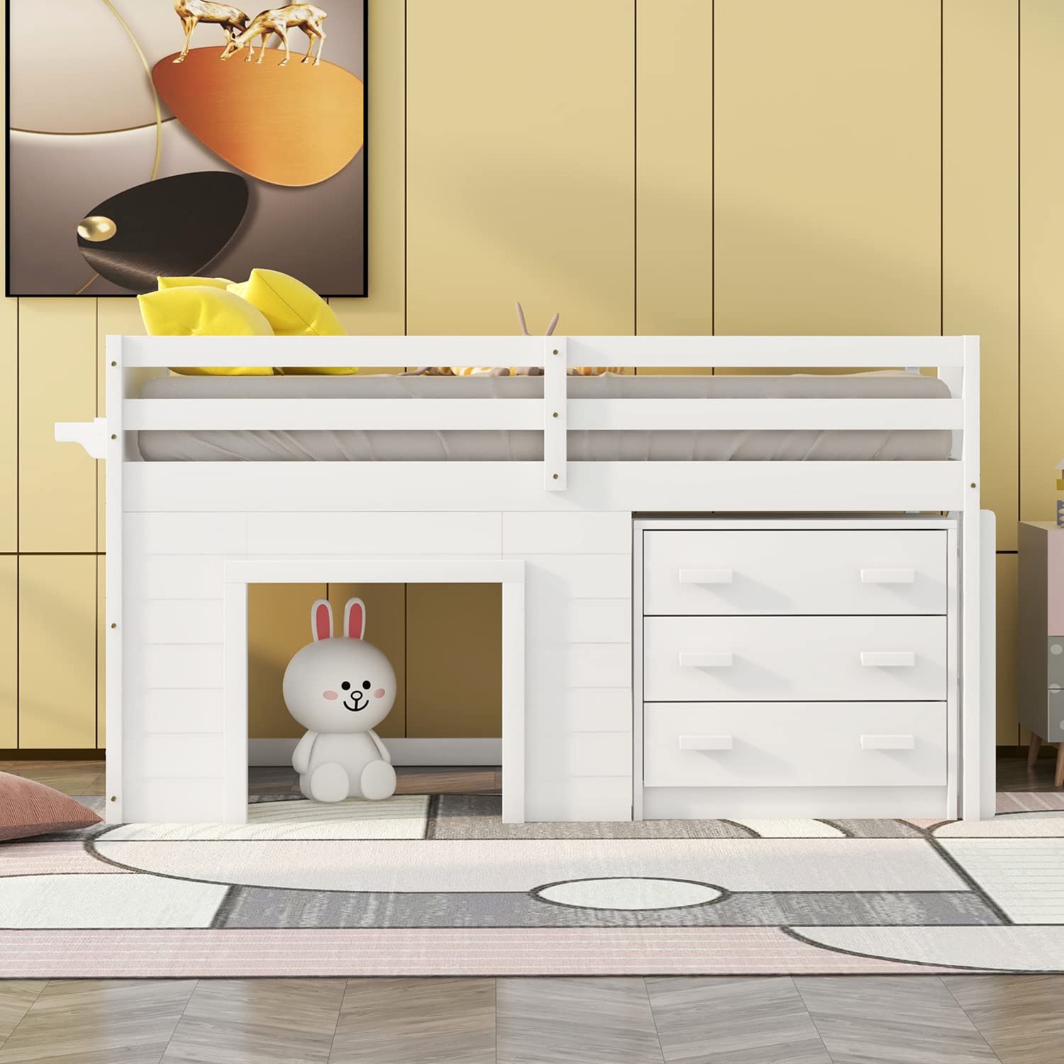 Bellemave Low Loft Twin Bed with 3 Drawers & Cabinet - Farmhouse Style Wooden Loft Bed Frame with Bedside Tray for Kids, Teens, Boys & Girls - Perfect for Small Bedrooms, Dorm Rooms & Space-Saving Kids' Rooms (White)