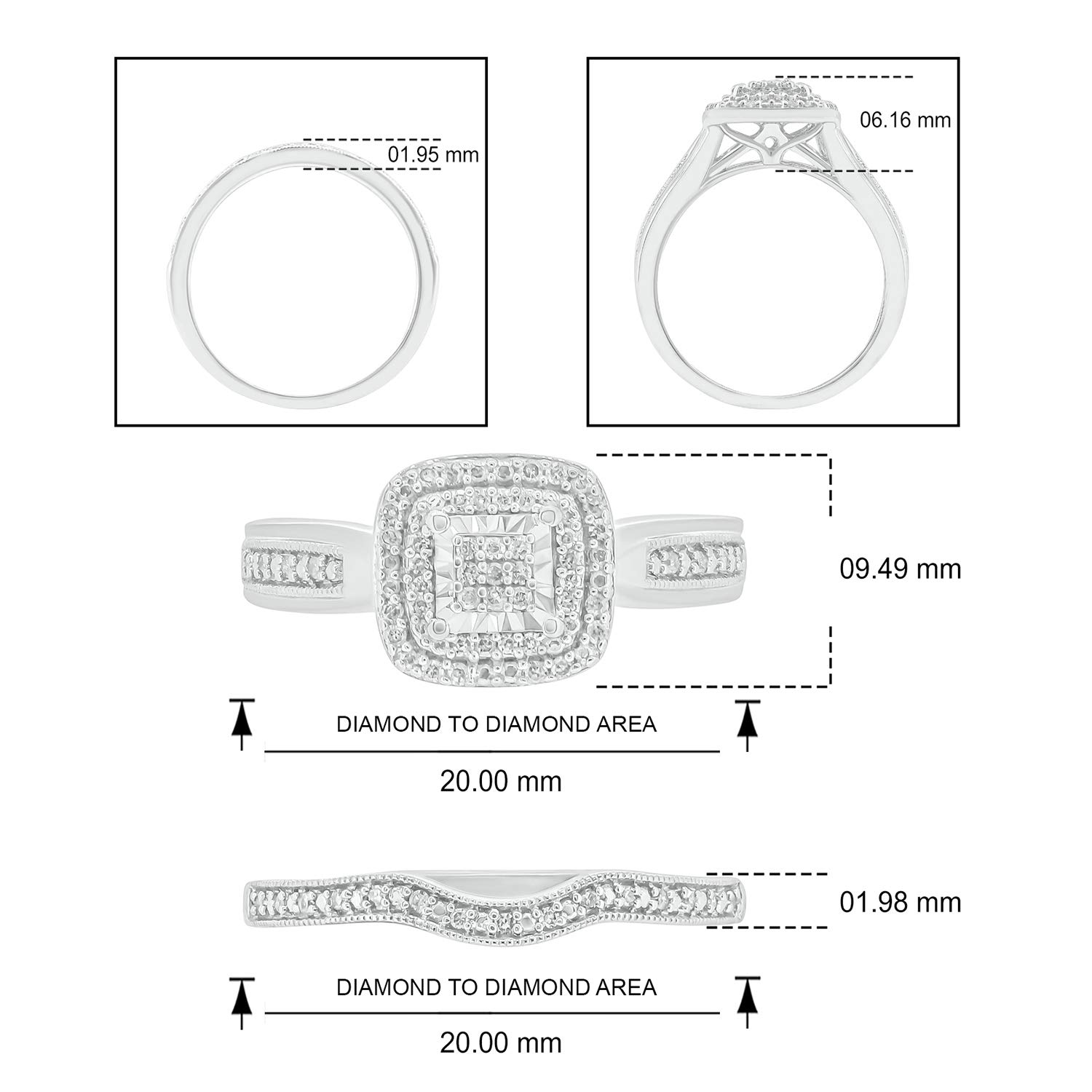 1/5ct Natural Black & White Diamond Bridal Ring Set for Women - 925 Sterling Silver Square Halo Wedding & Engagement Ring - Diamond Promise Rings for Her in White Gold | Perfect for Proposals, Anniversaries & Special Occasions