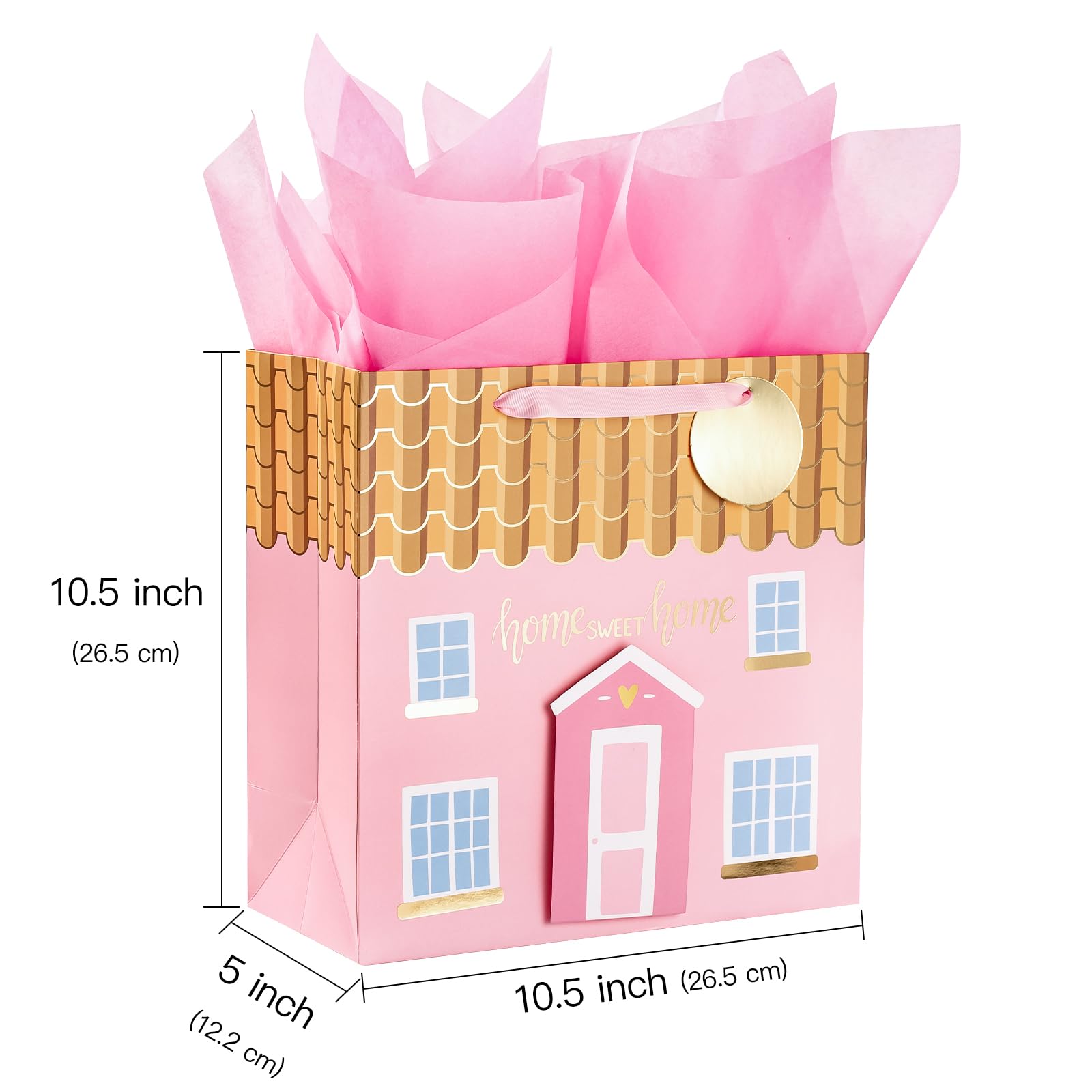 LeZakaa 10.4 Inch Pink House-Shaped Gift Bag Set with Tissue Paper, Gift Tag & Card - 3D House Sticker for Housewarming, New Home Gifts | Perfect for Welcome Parties, Bridal Showers & Holiday Present Exchanges