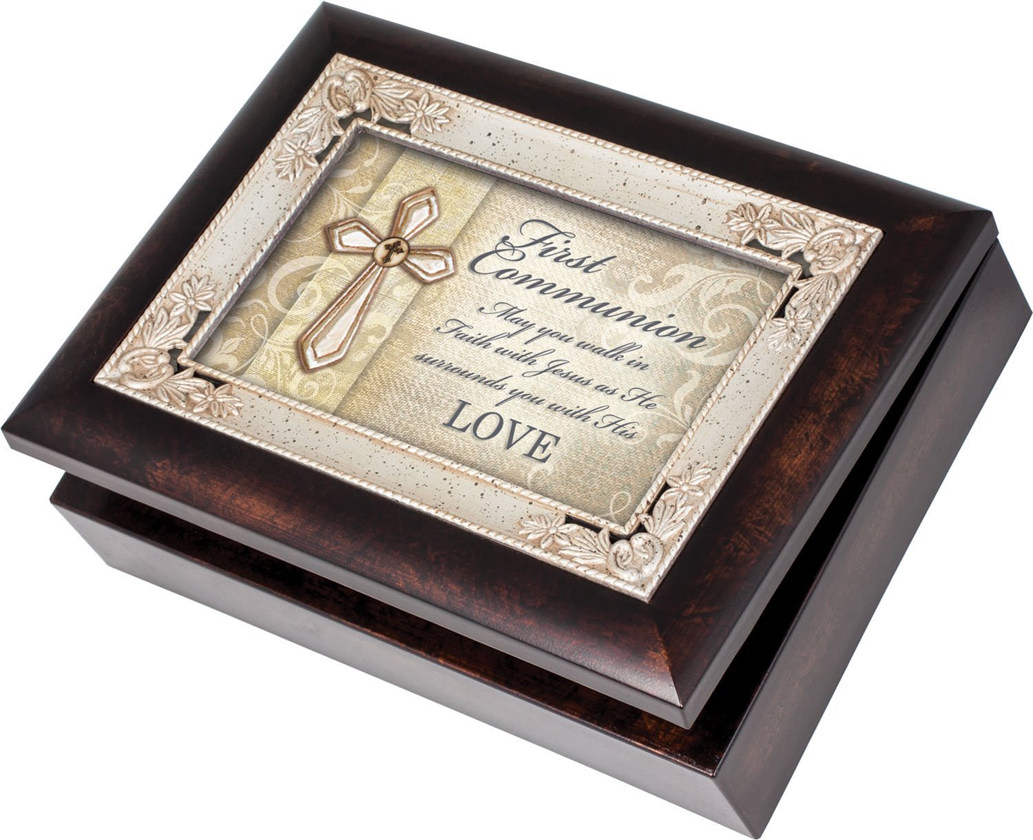 First Communion Jewelry Music Box - Burlwood Design with 'Amazing Grace' Melody - Perfect for Christian Gifts, Baptism, Confirmation & Religious Keepsakes