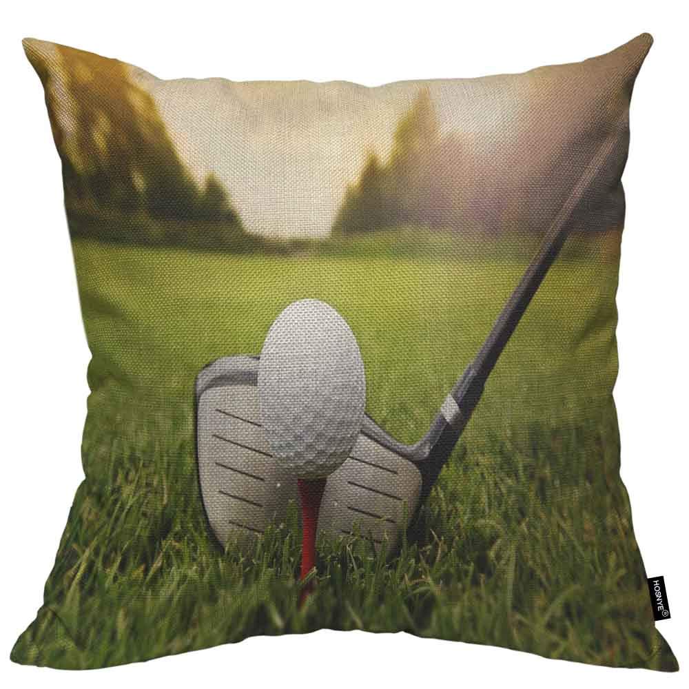 Golf Club Throw Pillow Cover 16x16 - Ball in Grass Green Training Sunset Design - Decorative Cushion Case for Home, Living Room & Office Decor
