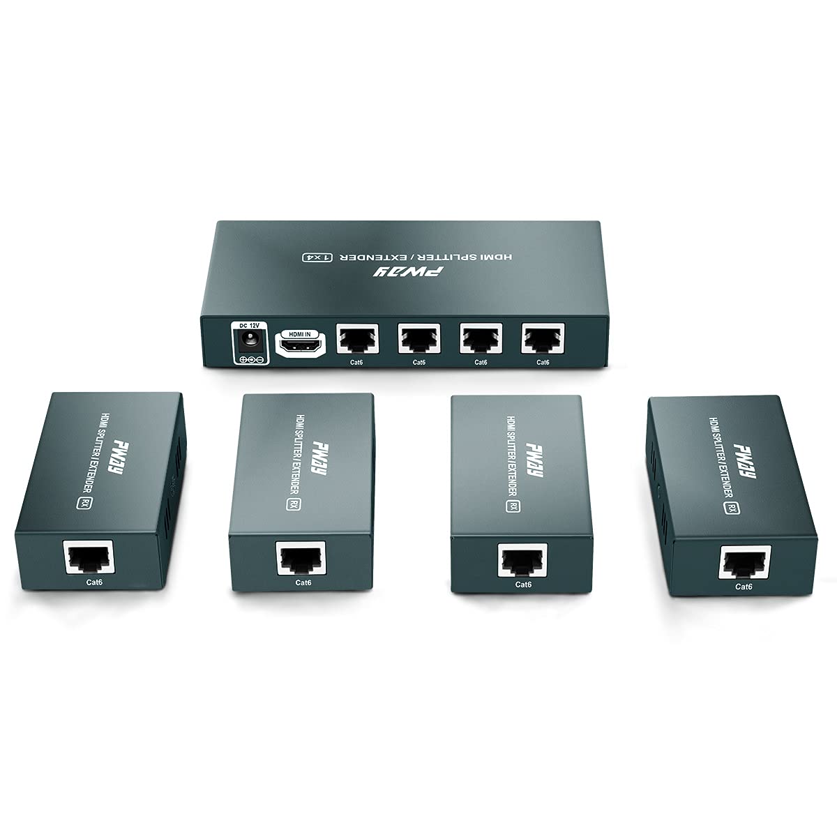GREATHTEK 1x4 HDMI Extender Splitter Over Cat5e/Cat6/Cat7 Ethernet Cable (Up to 50m/165ft) - 4K HD Video, EDID Management, POC Function, 1080P@60Hz 3D for HDTV, PS5, Xbox Series X, Home Theater & Gaming Setup