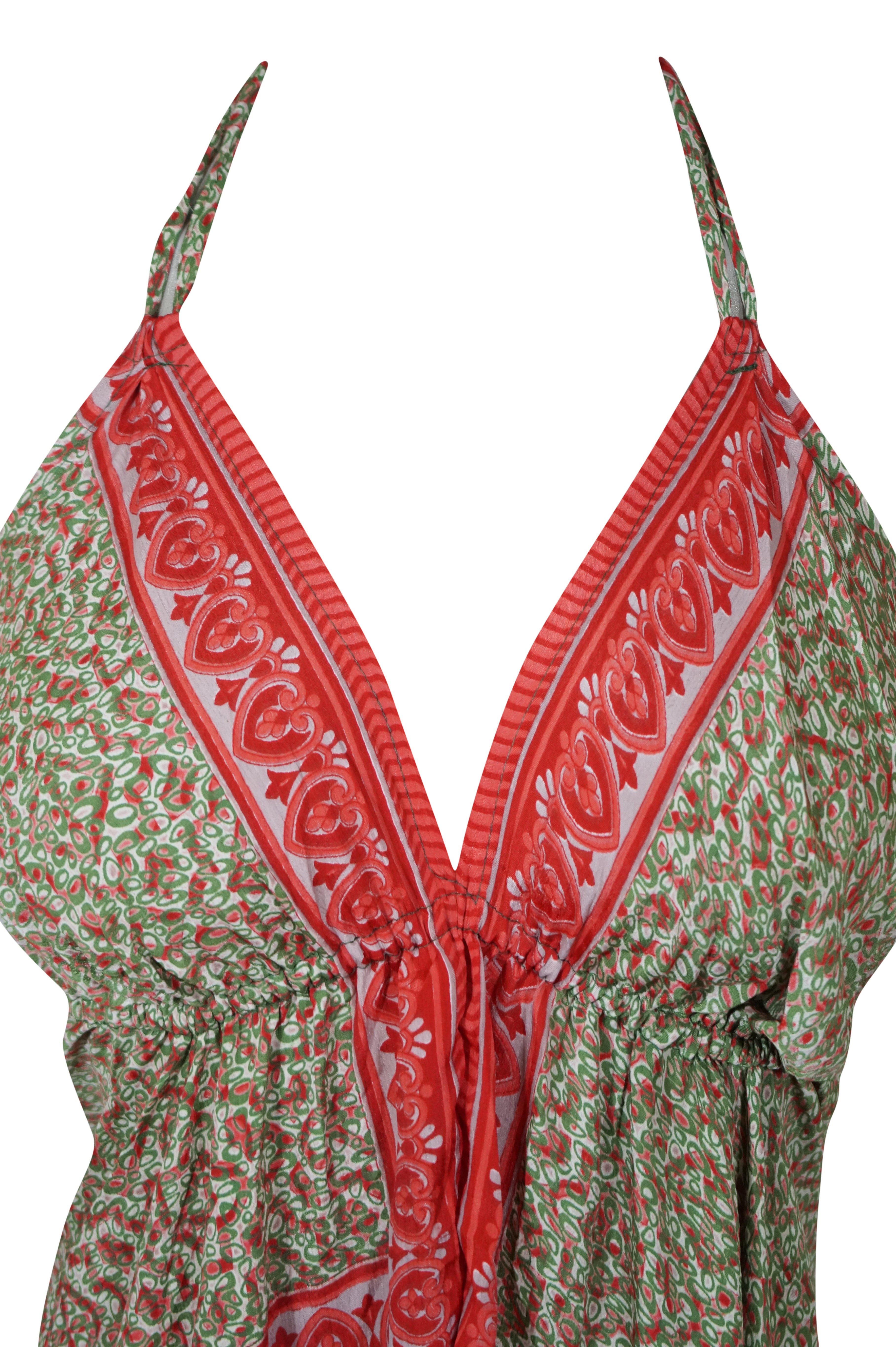 Eco-Friendly Women's Upcycled Silk Maxi Dress - Red & Green Bohemian Strap Dress for Beach Cover Up, Size M/L | Perfect for Summer Vacations, Music Festivals & Boho Chic Outfits