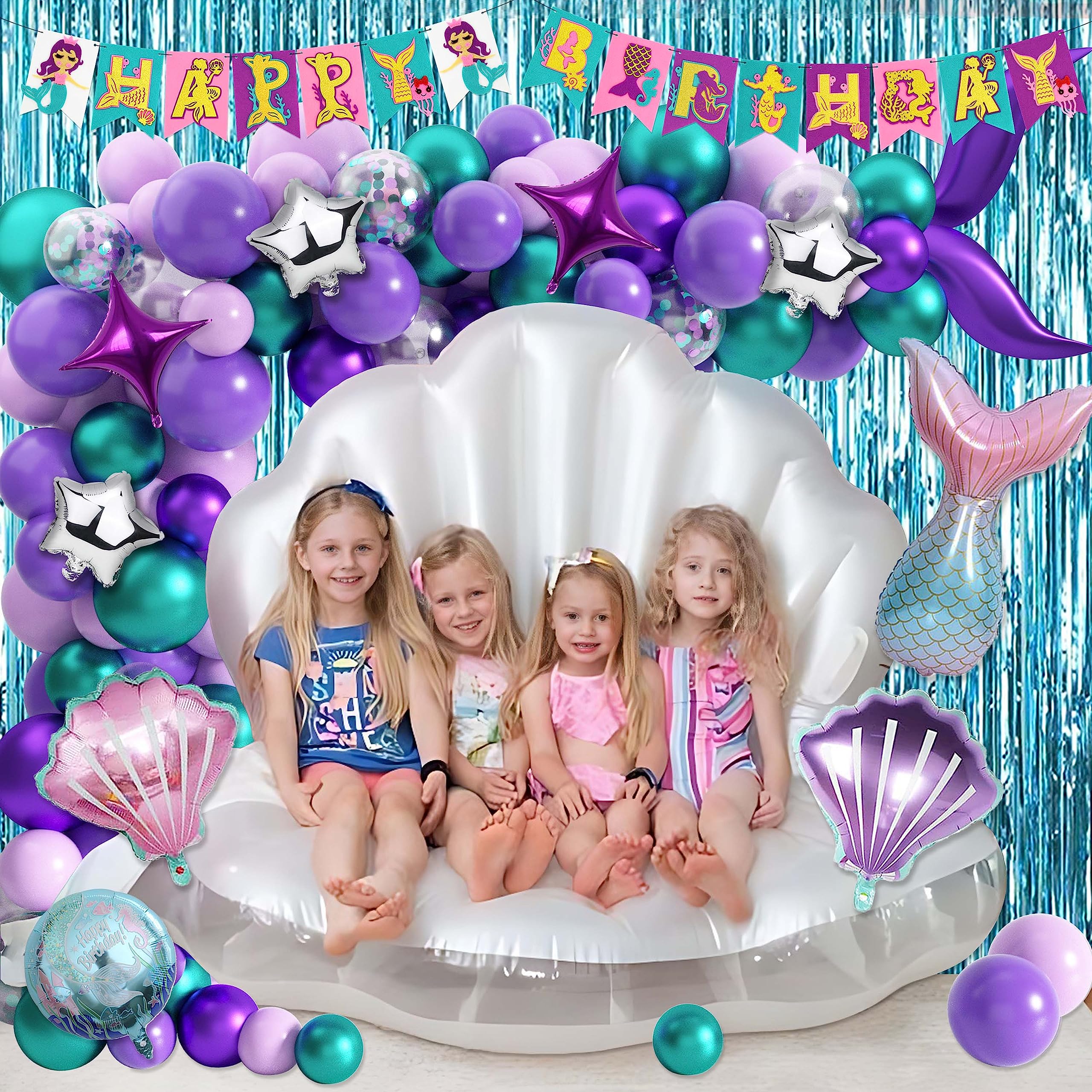 109Pcs Mermaid Birthday Party Decorations Kit for Girls - Includes Tablecloth, Backdrop, Banners, Cake Toppers, Foil & Latex Balloons, Fringe Curtains - Perfect for Mermaid Themed Parties, Baby Showers & Under the Sea Events
