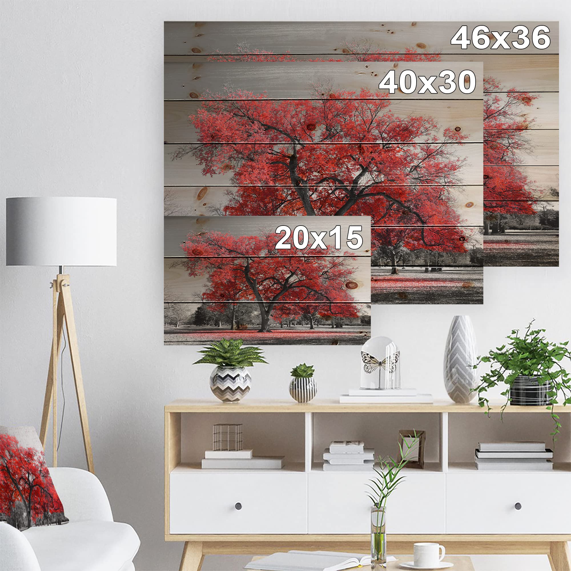 Big Red Tree On Foggy Day Nautical Coastal Wood Wall Decor - Rustic Pine Wood Art Panel with Landscape Print - Perfect for Living Room, Bedroom or Office Wall Decoration