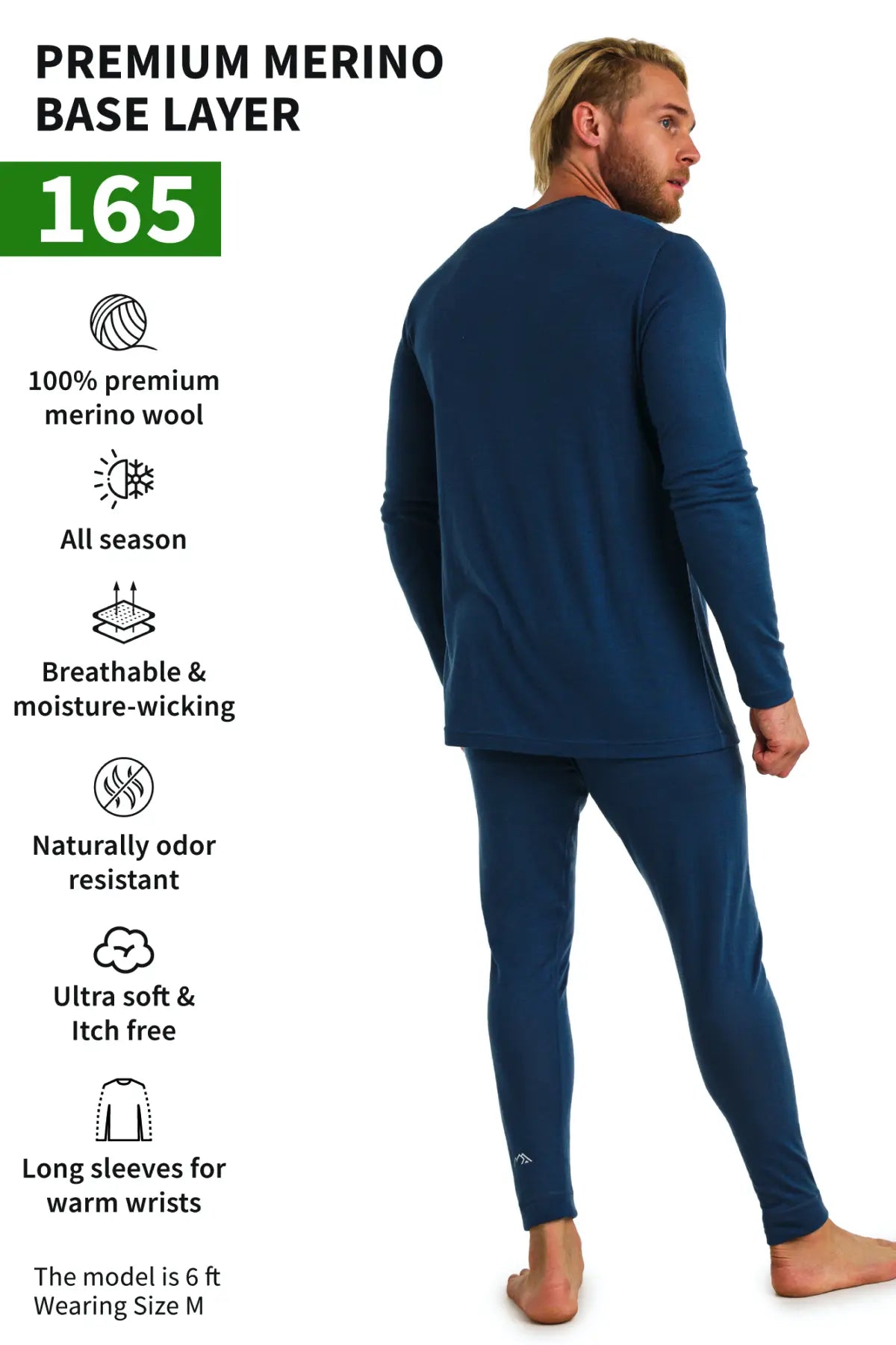 Men's Merino Wool Thermal Underwear Set - 165 Denim Blue | Warm Base Layer for Winter, Skiing & Outdoor Activities