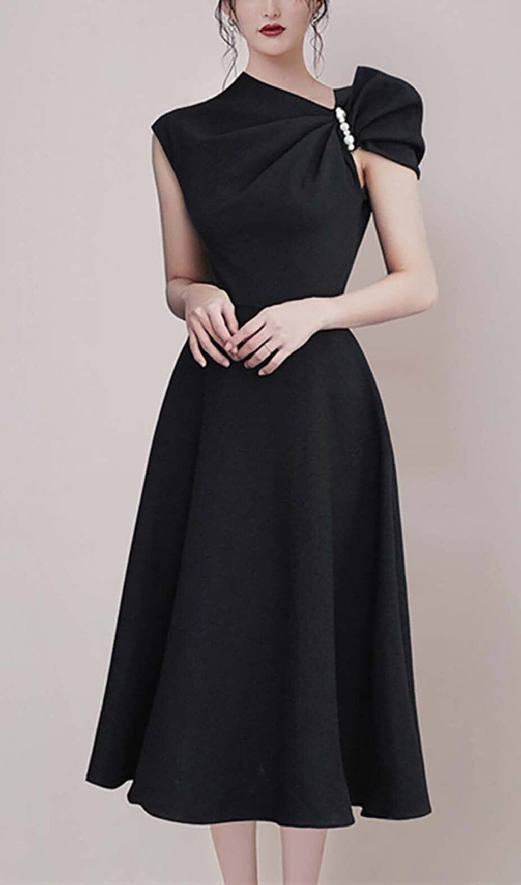 Elegant Black Asymmetrical Sleeve Pearl Embellished Midi Dress for Women - Perfect for Cocktail Parties, Weddings & Evening Events