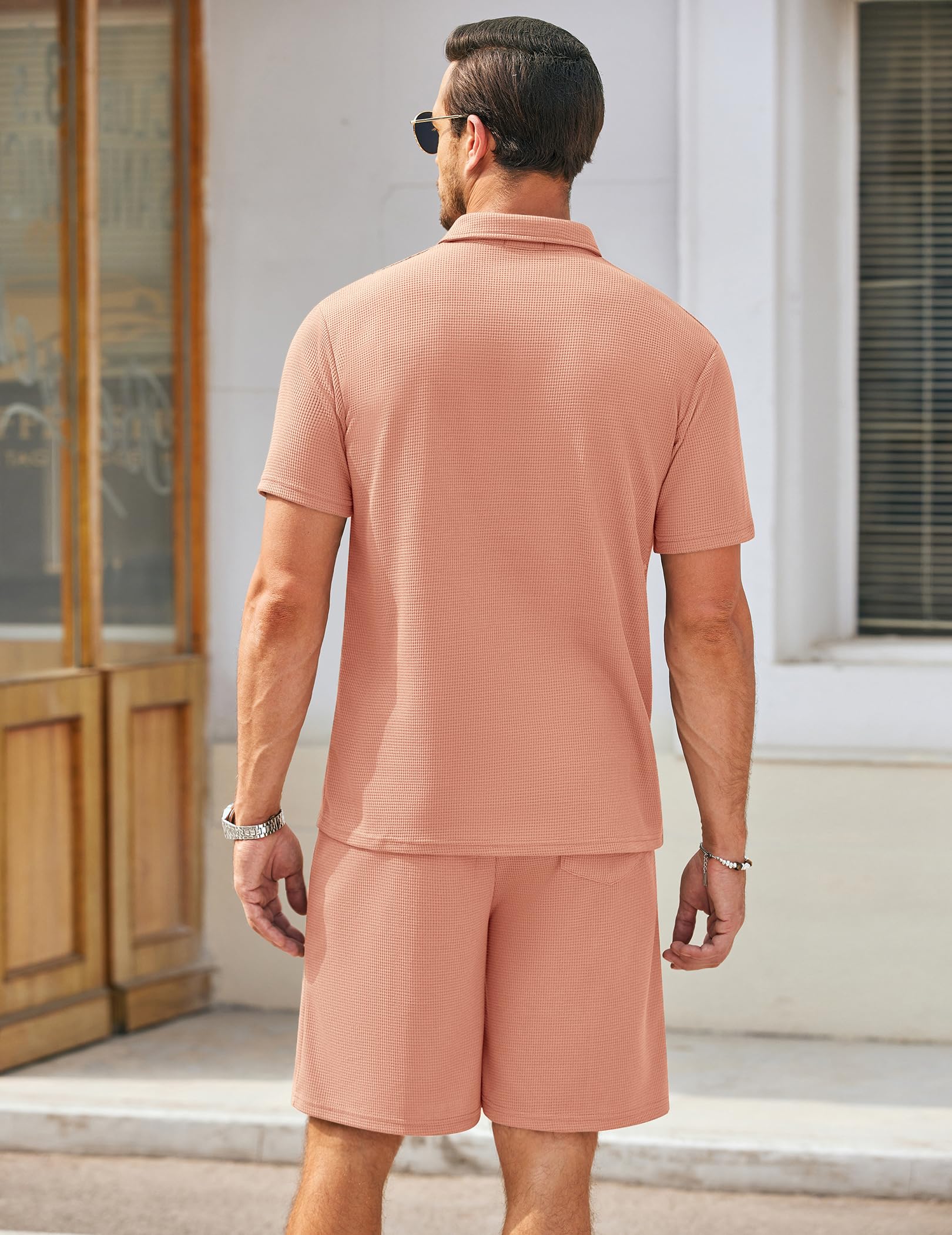 COOFANDY Men's Waffle Knit Polo Shirt & Shorts Set - 2 Piece Summer Casual Outfit with Pockets | Breathable Lounge Wear for Beach, Vacation & Everyday Comfort