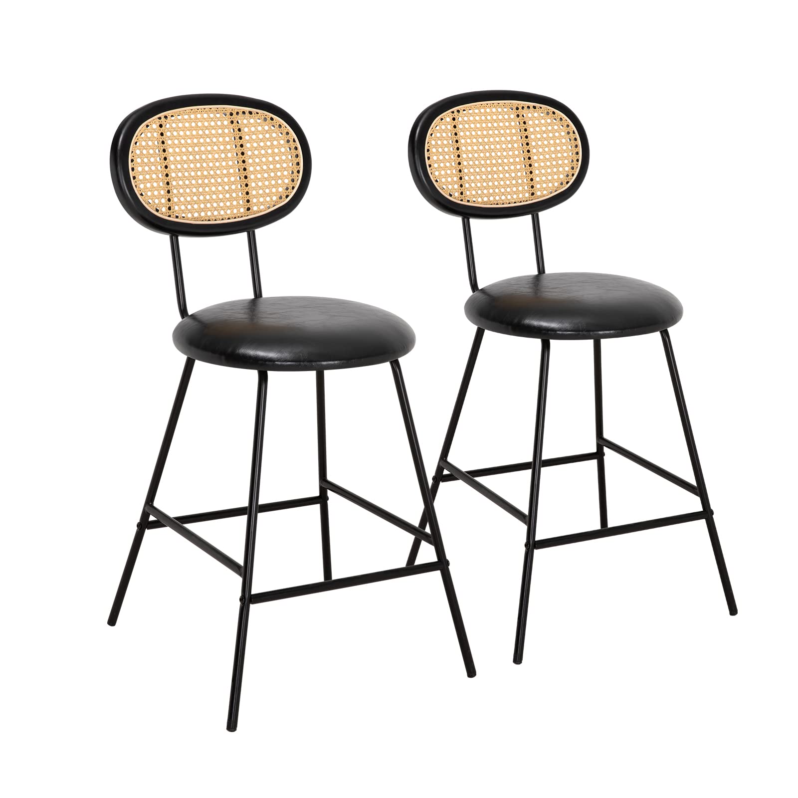Premium Rattan Bar Stool with Leather Seat & Metal Legs - Counter Height Armless Dining Chair for Kitchen Island - Stylish Indoor Bar Stools for Home, Cafe, and Restaurant Decor (Black, Set of 1)