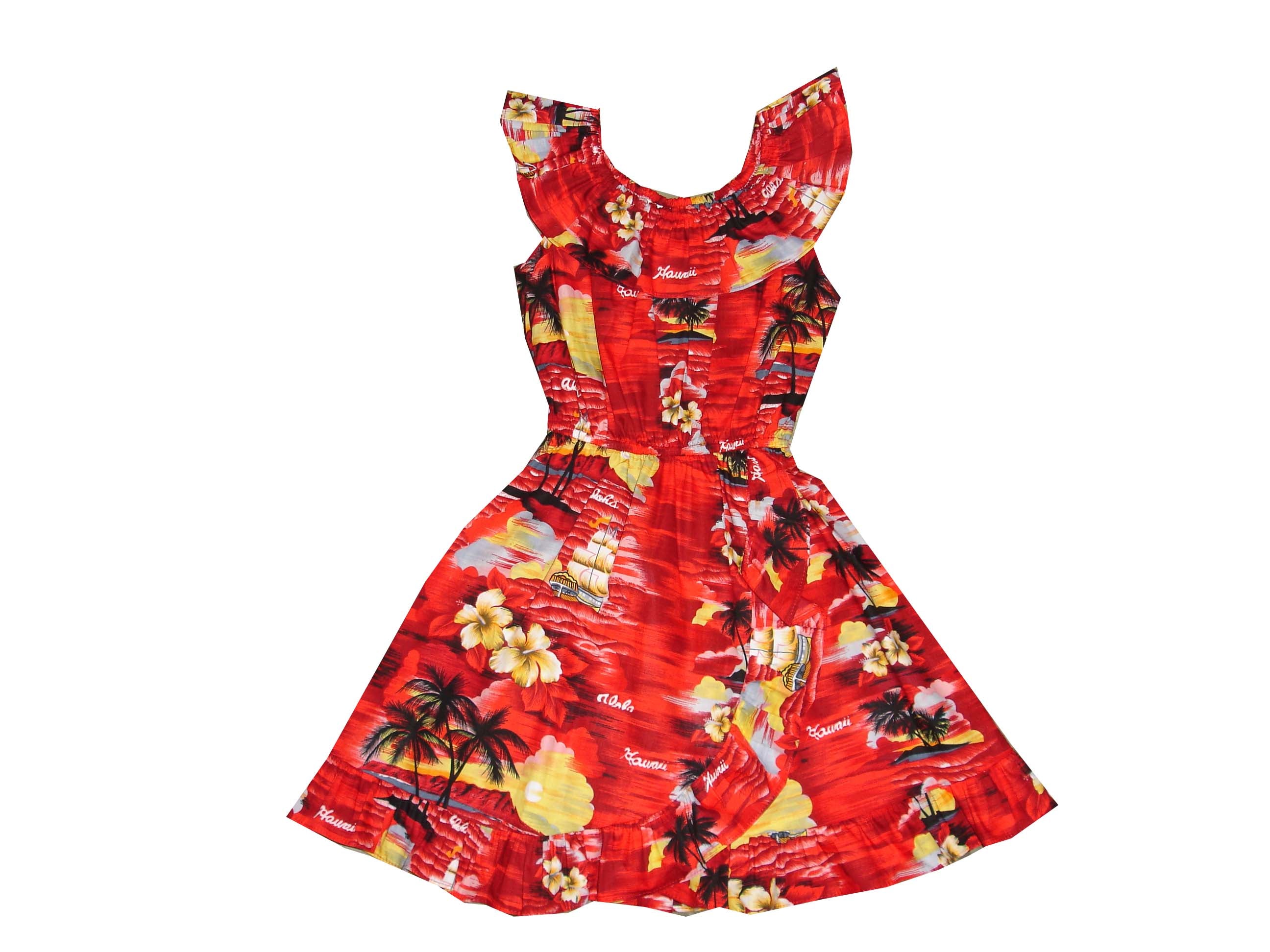 Hawaiian Sunset Cotton Dress for Girls - Floral Print Summer Beach Dress for Vacation, Luau Party & Tropical Outfit