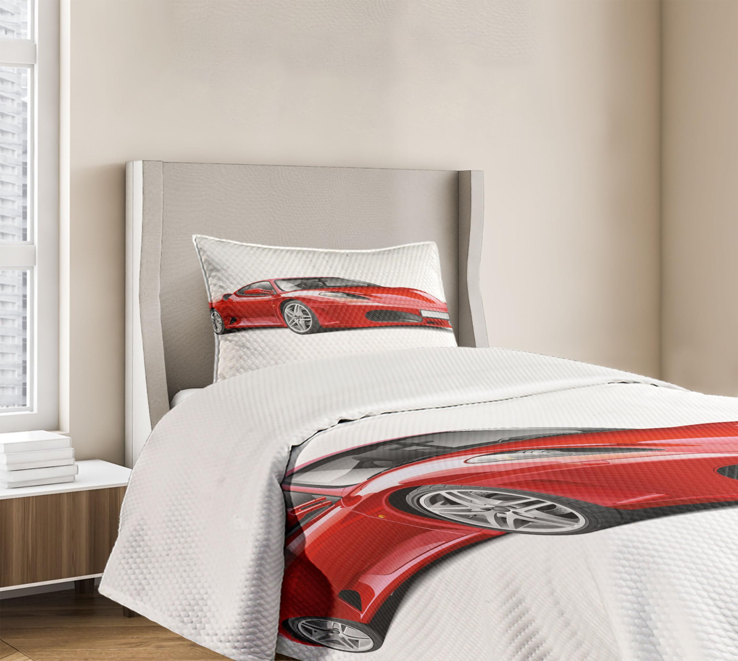 Ambesonne Modern Twin Size Bedspread Set - Italian Style Sports Car Illustration on Plain Backdrop, 3-Piece Decorative Bedding Coverlet with 2 Pillow Shams, Charcoal Grey & Red | Perfect for Car Enthusiasts' Bedrooms, Teen Boys' Room Decor, and Automotive-Themed Home Styling