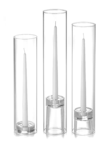 Premium Set of 12 White Taper Candles with Chimney and Decorative Holders - Elegant Dinner Party, Wedding & Holiday Decorations