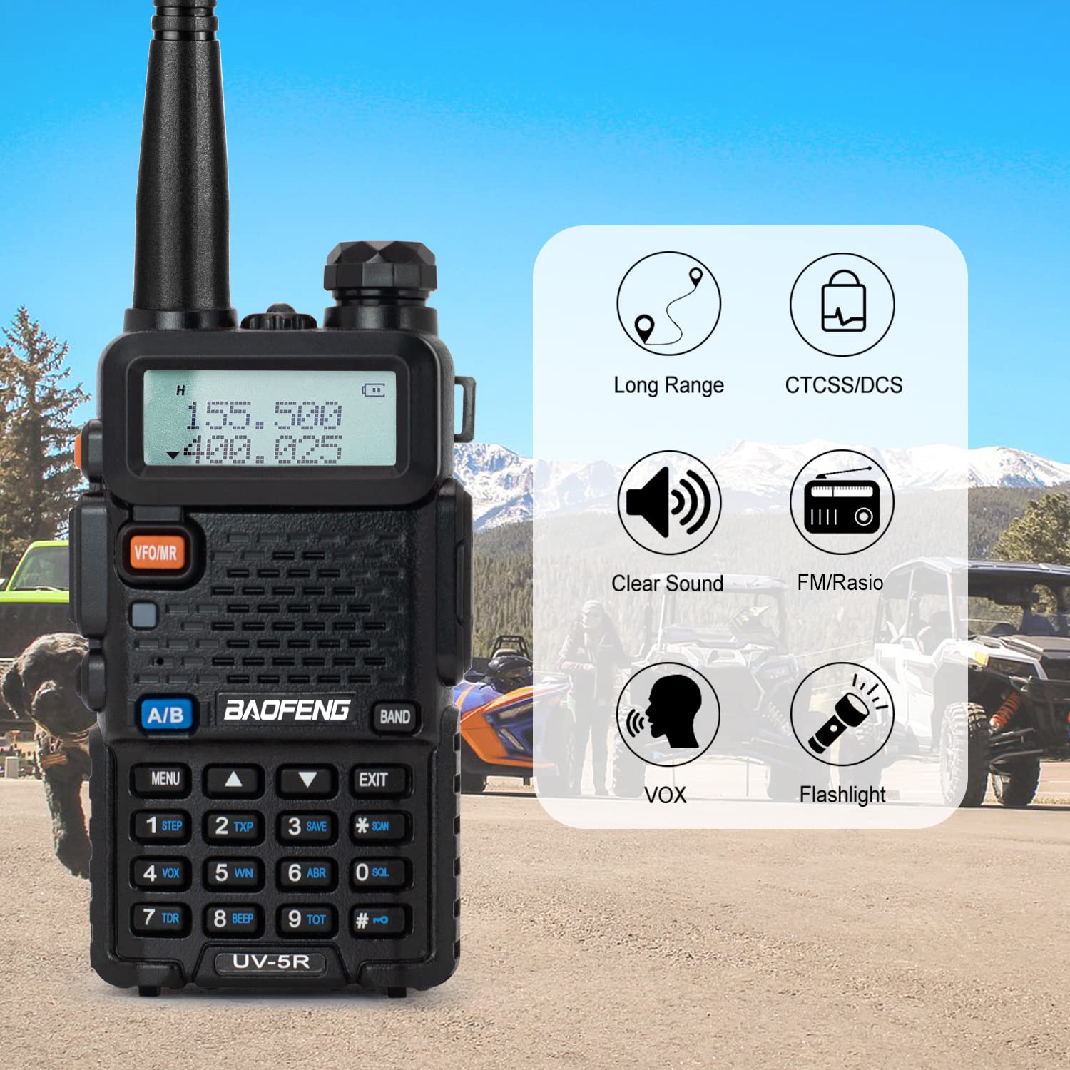 BAOFENG UV-5R Dual Band Ham Radio Walkie Talkie - Long Range Two Way Radio with High Gain Antenna, 2 Rechargeable Batteries & Earpiece - Ideal for Outdoor Adventures, Emergency Communication, and Construction Sites (2 Pack)