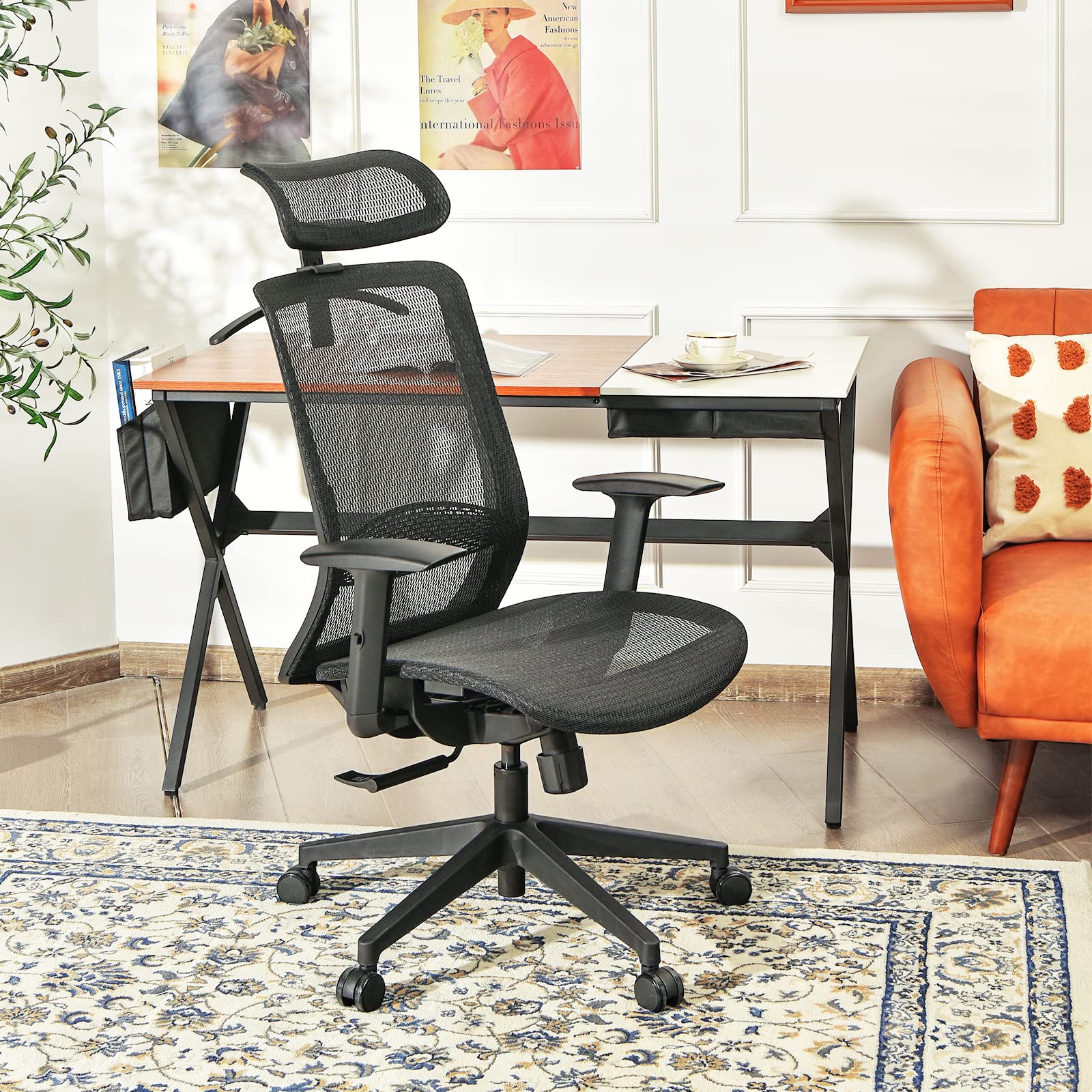 POWERSTONE Ergonomic Mesh Office Chair - High Back Computer Desk Chair with Adjustable Arms & Headrest - Breathable Mesh Seat Cushion & Built-in Clothing Hanger - Black Executive Swivel Task Chair for Home Office, Gaming & Workspace Comfort
