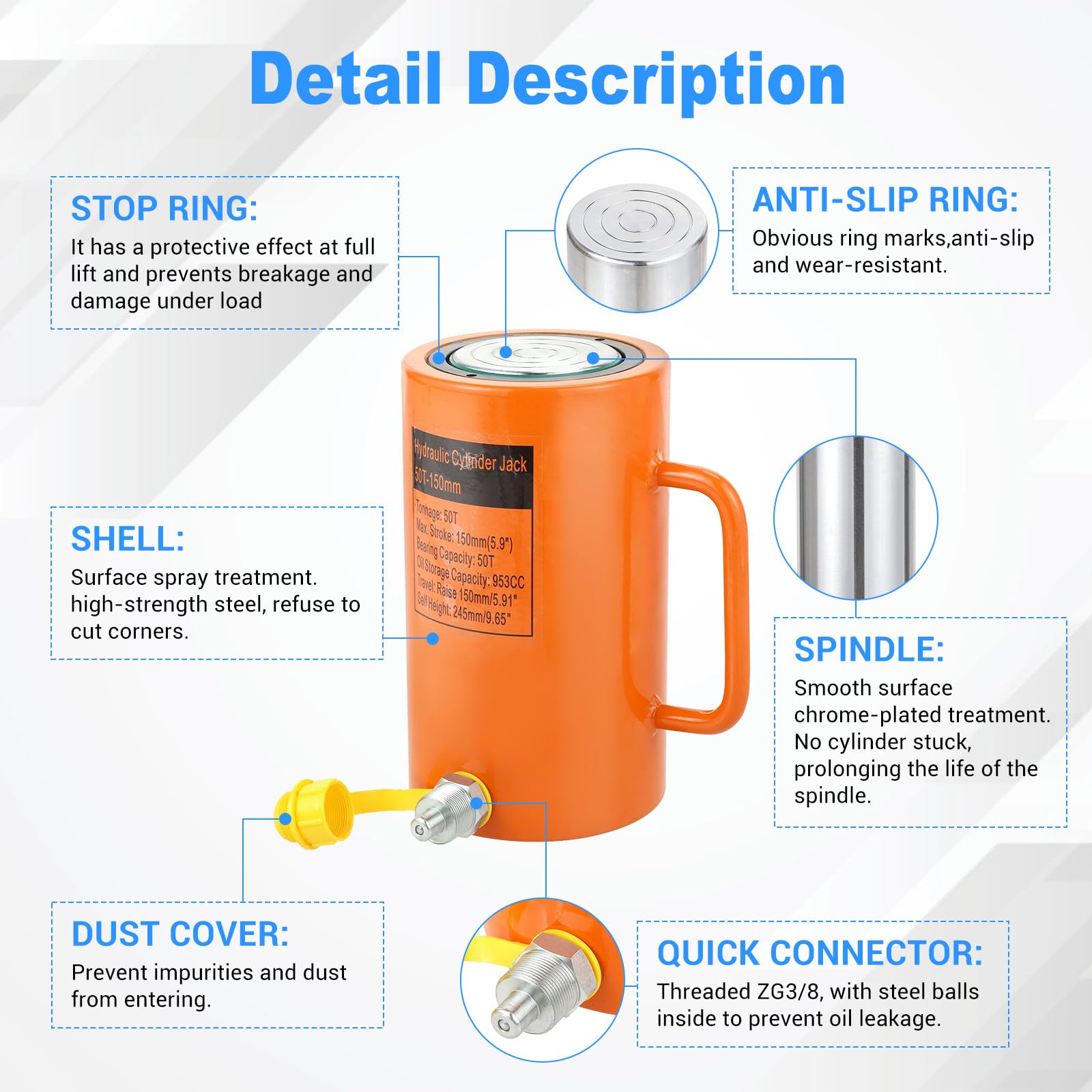 50T 6-Inch Hydraulic Cylinder Jack - 150mm Stroke Hydraulic Lifting Cylinder with 953CC Oil Capacity - Heavy Duty Hydraulic Ram for Power, Chemical, Steel, Bridge Construction, Shipbuilding & Machinery - Ideal for Industrial Lifting, Equipment Repair & Construction Projects