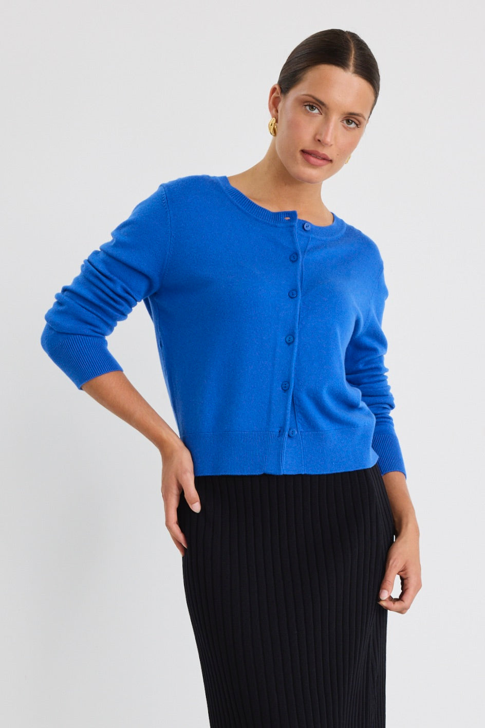 Premium Cobalt Blue Cashmere Blend Crewneck Cardigan for Women - Soft & Warm Winter Sweater for Office, Date Night & Holiday Outfits