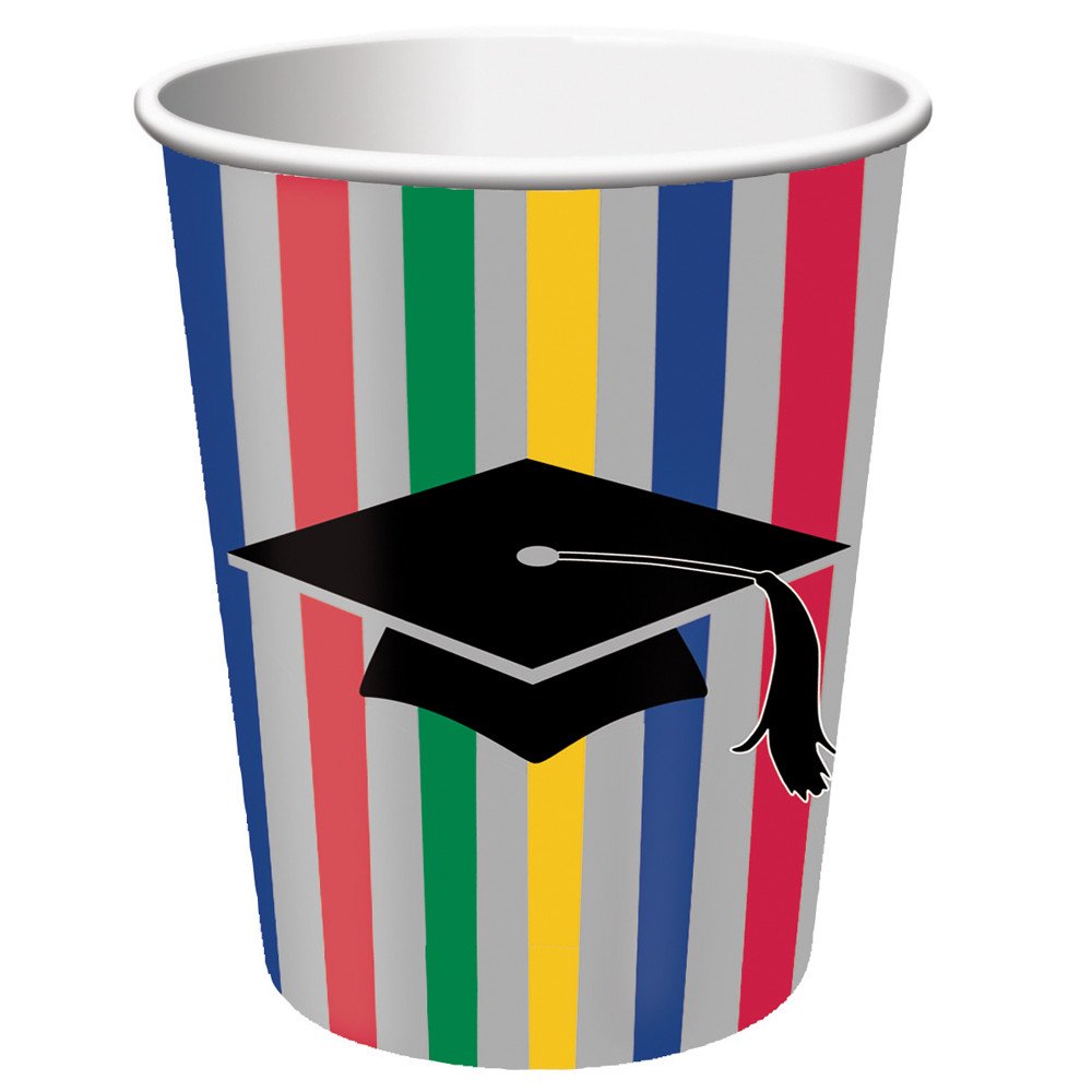 Creative Converting Party Creations 8-Pack 9-Oz Hot & Cold Graduation Striped Beverage Cups - Perfect for Graduation Parties, BBQs, and Summer Celebrations