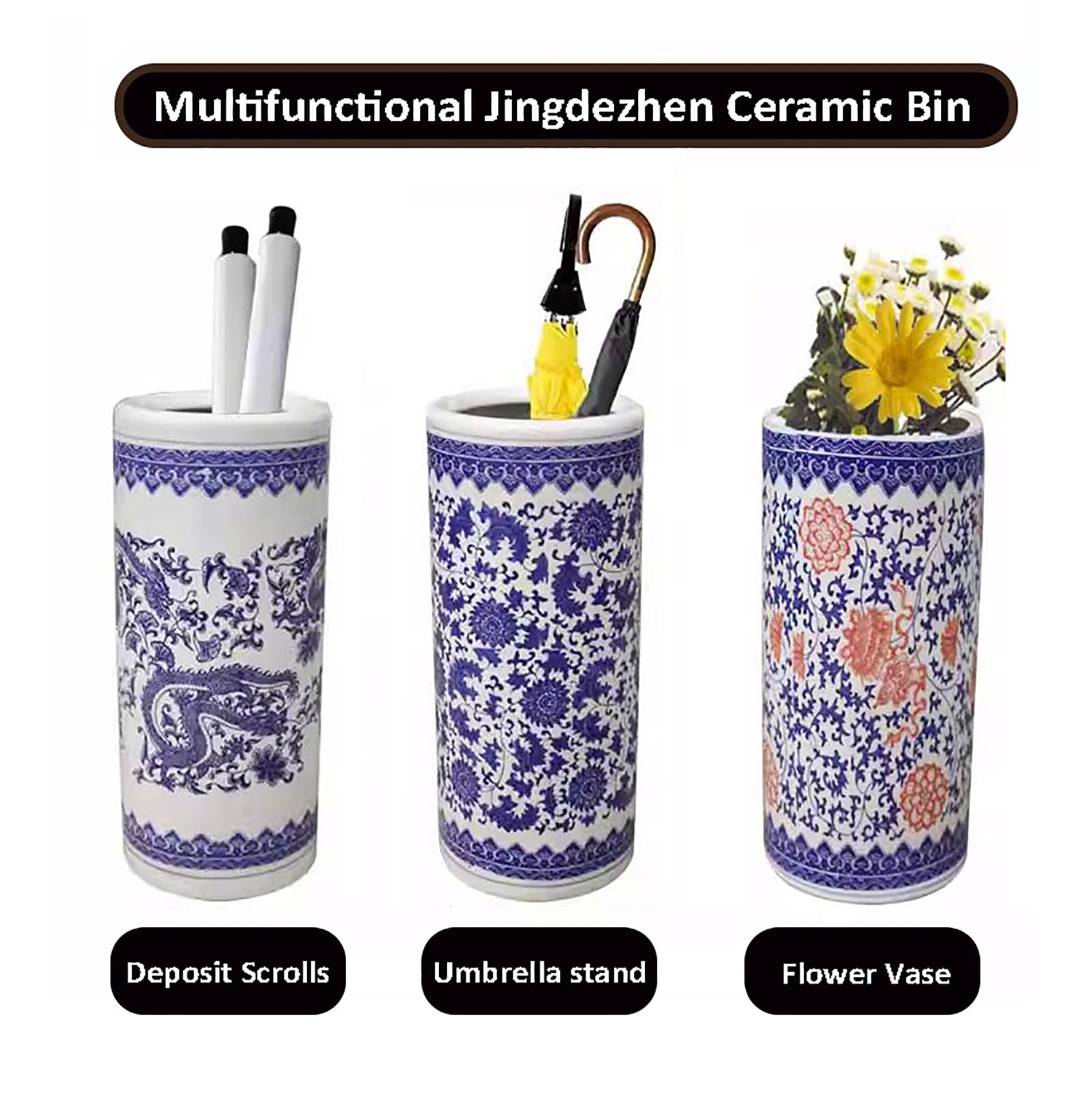Blue & White Floral Porcelain Umbrella Stand - Traditional Free-Standing Entryway Organizer for Long/Short Umbrellas & Walking Sticks | Perfect for Home, Office & Garden Decor