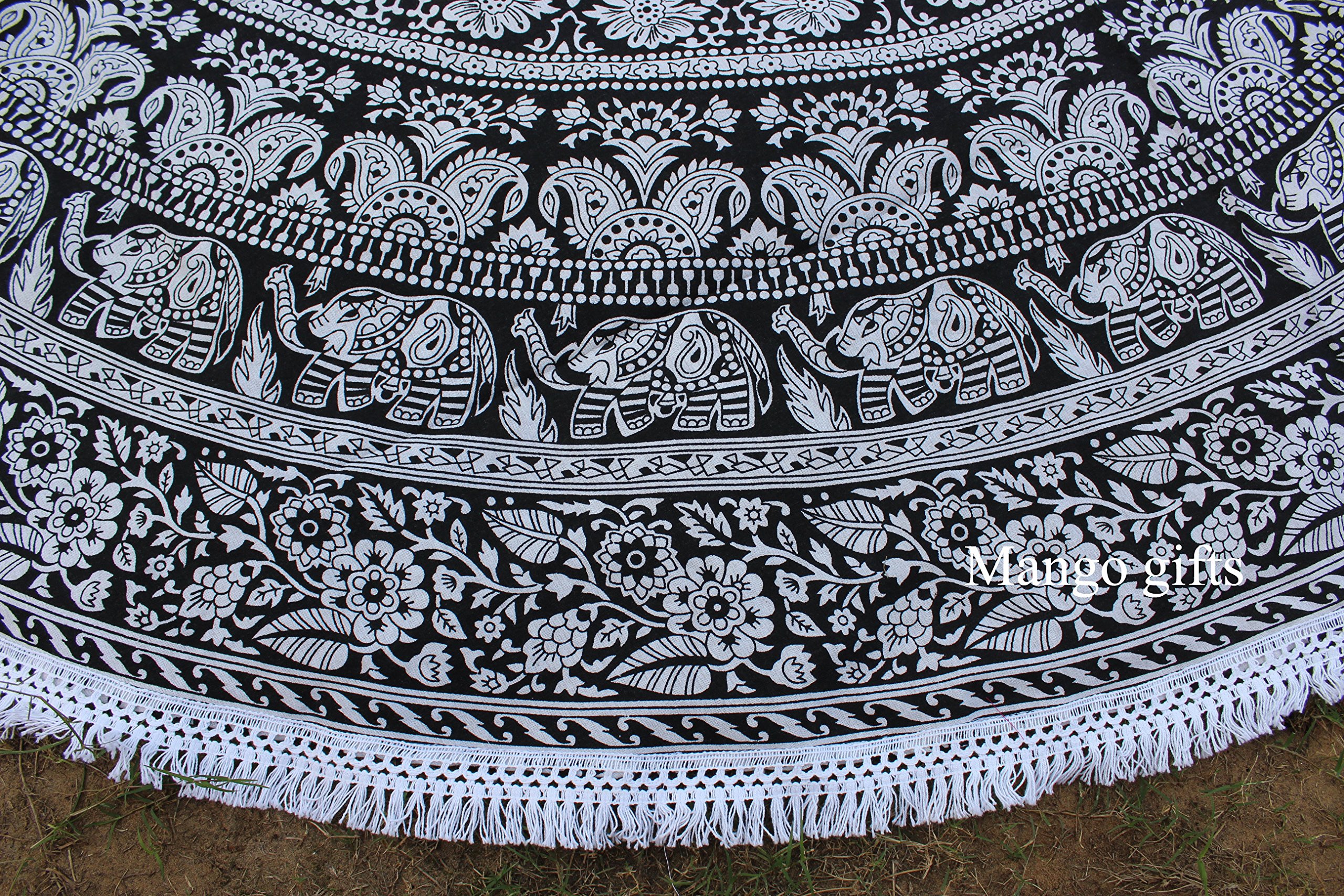 Elephant Mandala Round Beach Throw Blanket - Indian Tapestry with Carry Bag for Yoga, Meditation & Bohemian Home Decor | Hippie Style Outdoor Picnic, Festival & Travel Accessory by Mango Gifts