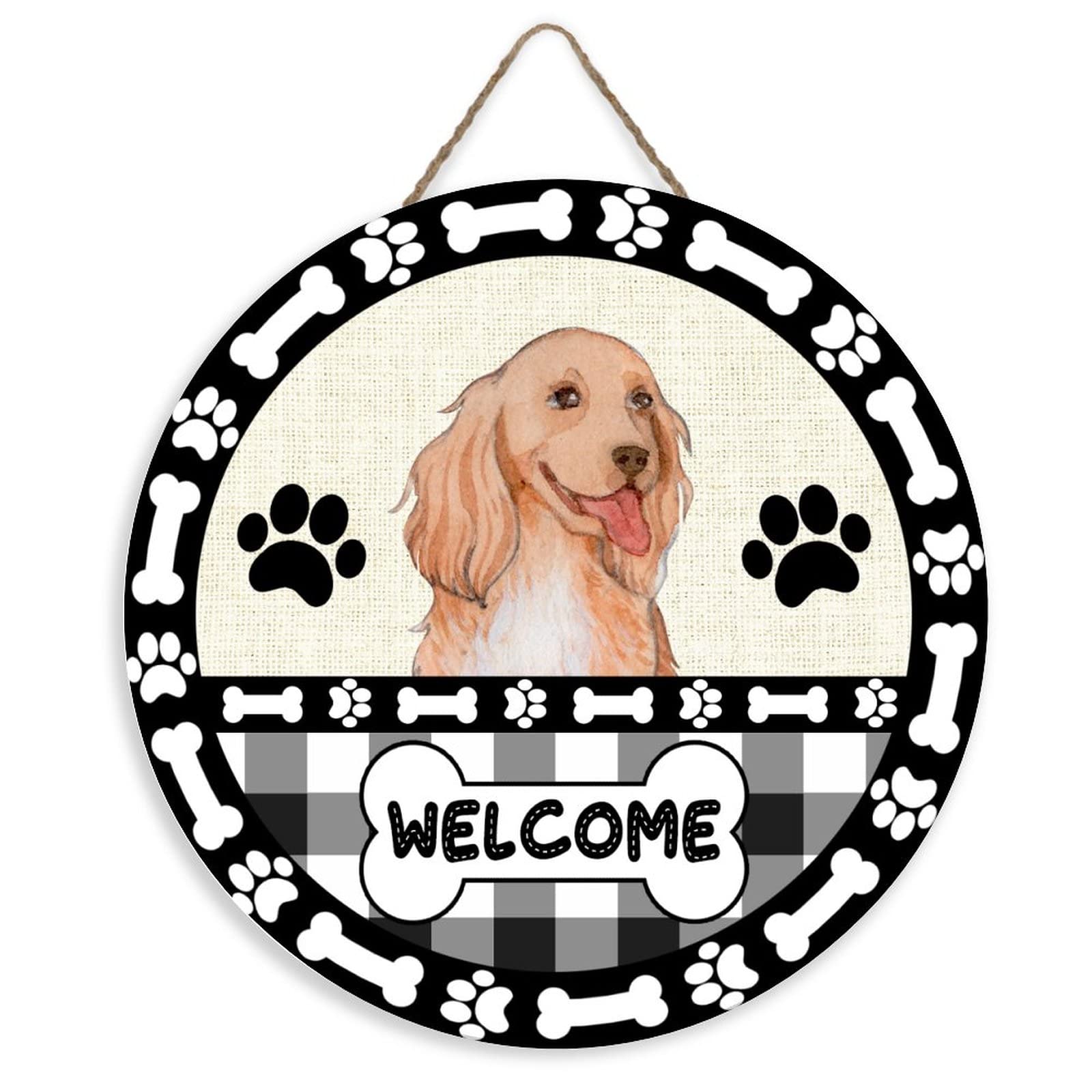 Funny Cocker Spaniel Dog Welcome Sign - Black & White Plaid Paw Print Bone Wooden Plaque | Farmhouse Pet Wall Art, Door Hanger for Front Porch & Entryway Decor (12 Inch Round) - Perfect for Dog Lovers & Farmhouse Style Homes