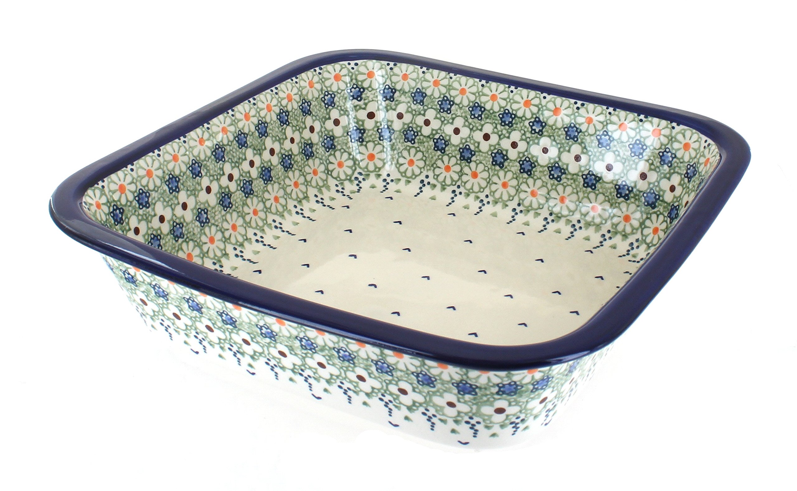 Blue Rose Polish Pottery Green Daisy Large Square Baker - Handmade Ceramic Baking Dish for Casseroles, Lasagna & Desserts | Perfect for Oven, Microwave & Dishwasher Safe