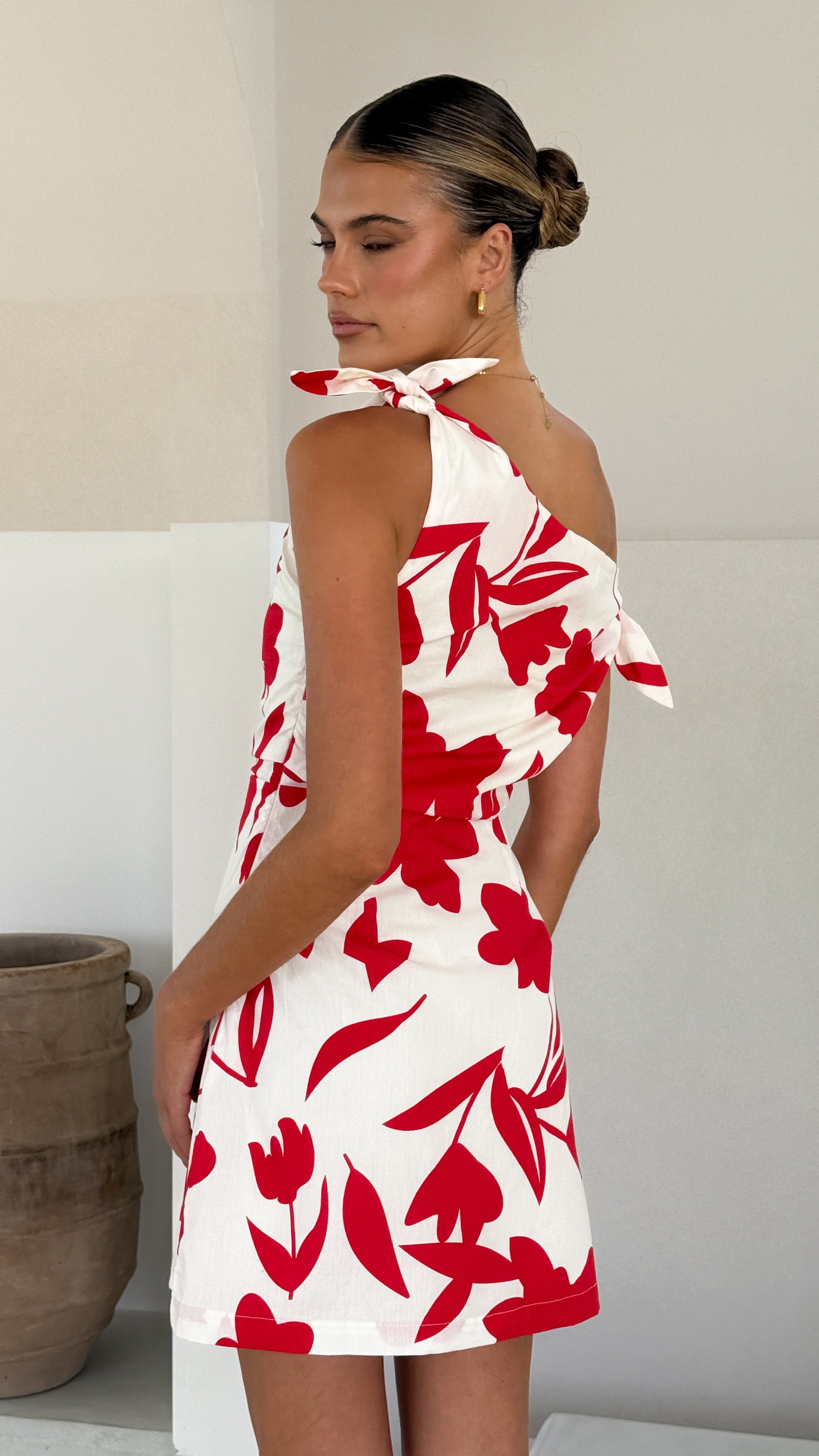 Ebbe Mini Dress - White & Red Floral Print Summer Dress for Women | Perfect for Beach Vacations, Date Nights & Casual Outings