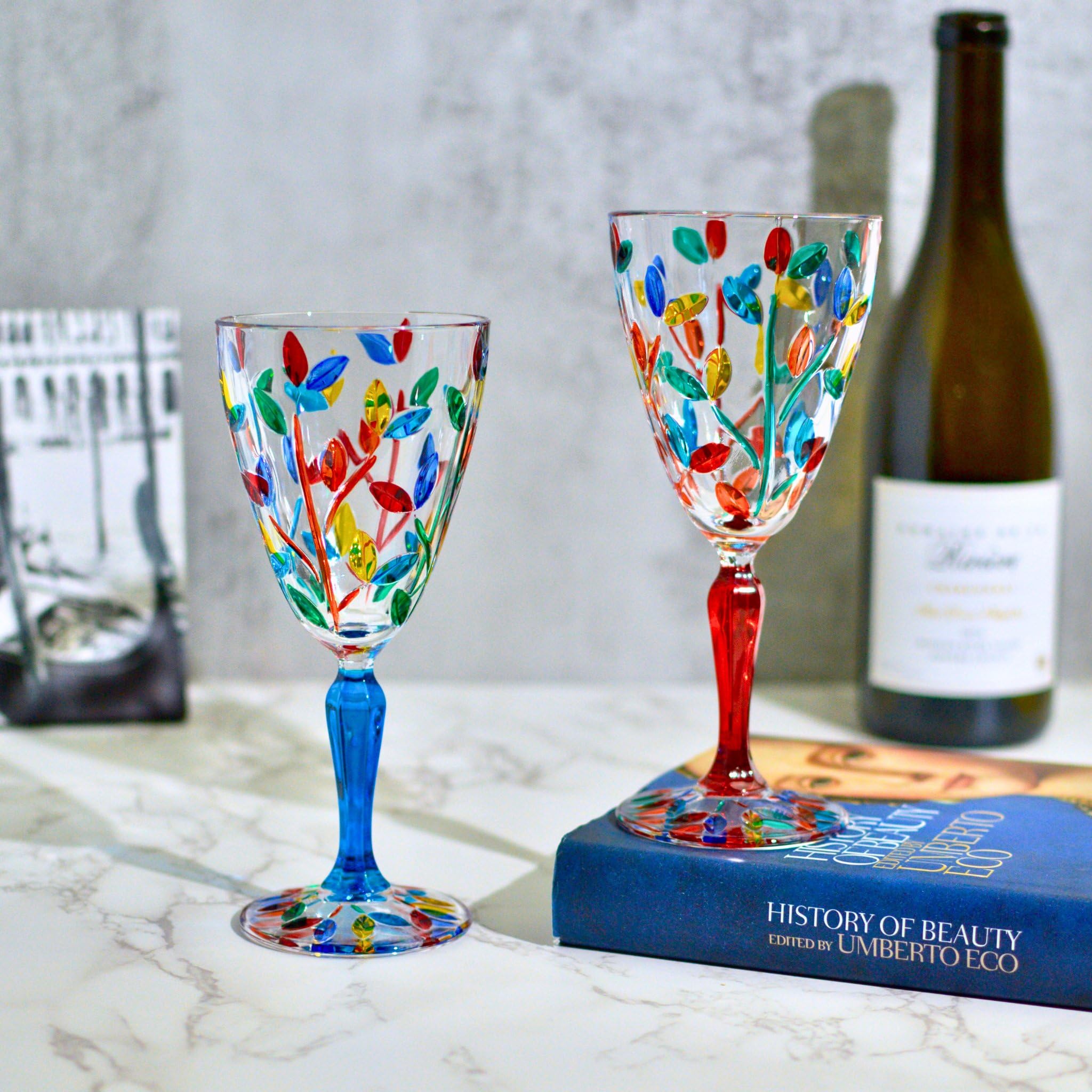 Italian Crystal Red Wine Glasses Set of 2 - 8 oz Hand-Painted Tree of Life Design - Modern Stemware Made in Italy - Perfect for Dinner Parties, Weddings & Gift Giving