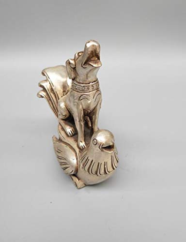 Antique Chinese White Copper Dog Sitting on Phoenix Statue - Handcrafted Home Decor, Feng Shui Gift for Living Room & Office