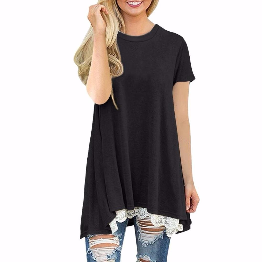 Women's A-Line Loose Blouse with Lace Stitching - Short Sleeve O-Neck T-Shirt Top | Summer Casual Wear, Office Outfit & Weekend Style | Clearance Sale