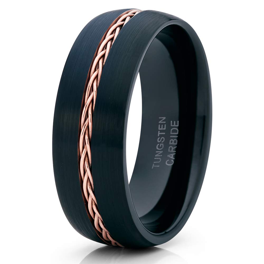 Silly Kings Black Tungsten Wedding Ring - 18k Rose Gold Braid Design, 8mm Comfort Fit Band for Men & Women - Perfect for Engagement, Anniversary & Everyday Wear
