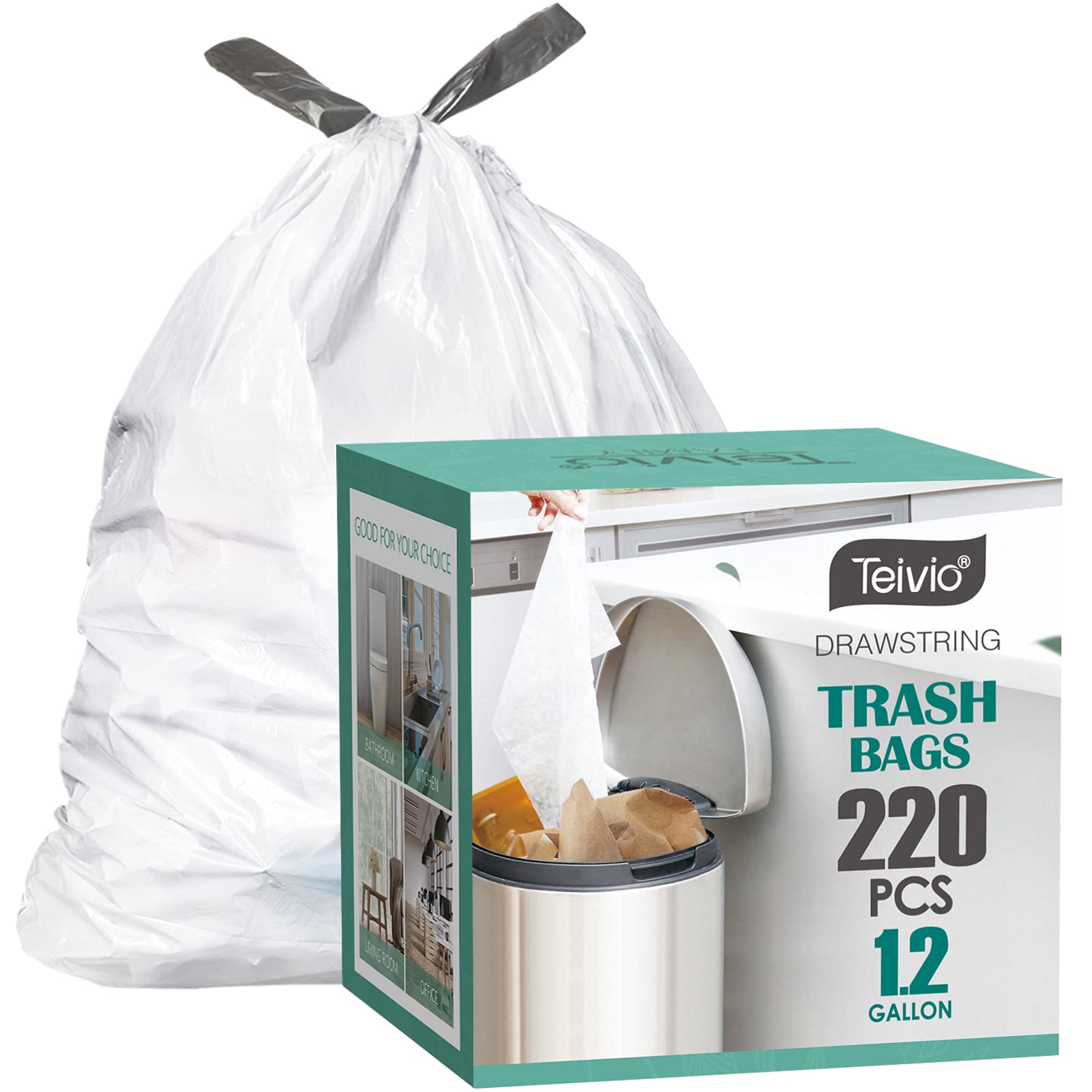 Teivio 1.2 Gallon 220-Count Strong Drawstring Trash Bags - Small Garbage Bags for 4.5-5L (0.8-1.3 Gal) Bathroom/Kitchen/Office Trash Cans - Durable Plastic Bin Liners for Home & Work Use - White